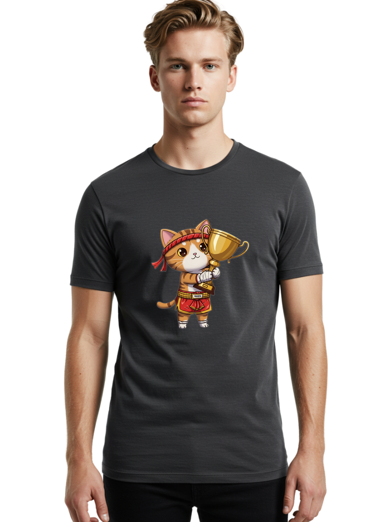 Gudetama-Cat Men'S Graphic Tee, 100% Cotton, Comfortable Casual Summer Wear, Machine Washable, Cartoon Cat, Muay Thai Fighter, Golden Trophy, Martial Arts, Winner, Champion, Adorable Cat, Red Shorts, Headband, Victorious, Celebratory Bae464