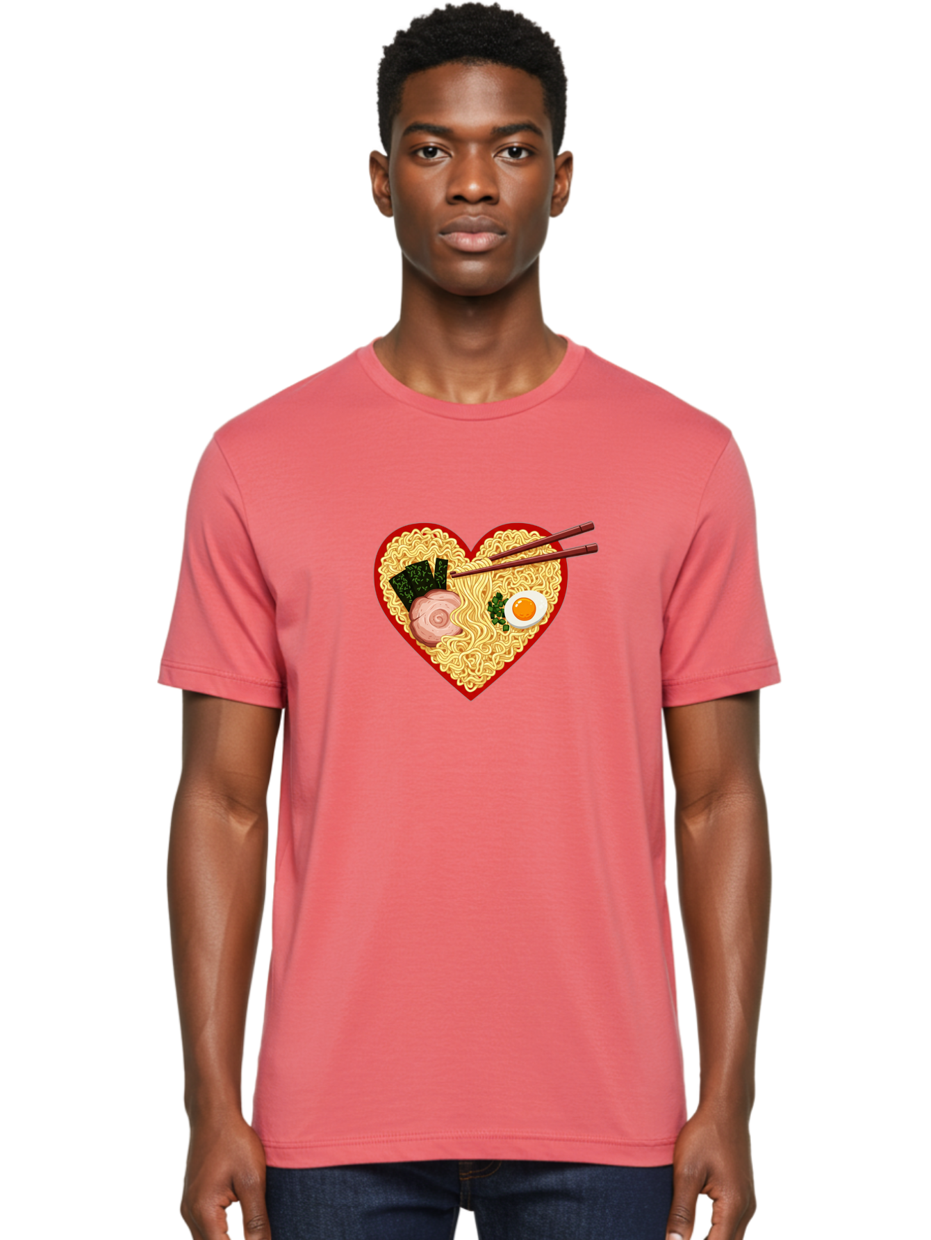 Heart-Shaped-Ramen-Noodles Men'S Graphic Tee, 100% Cotton, Comfortable Casual Summer Wear, Machine Washable, Ramen Noodles, Heart-Shaped Bowl, Chopsticks, Soft-Boiled Egg, Sliced Pork, Seaweed, Green Onions, Asian Cuisine, Japanese Food, Bae466
