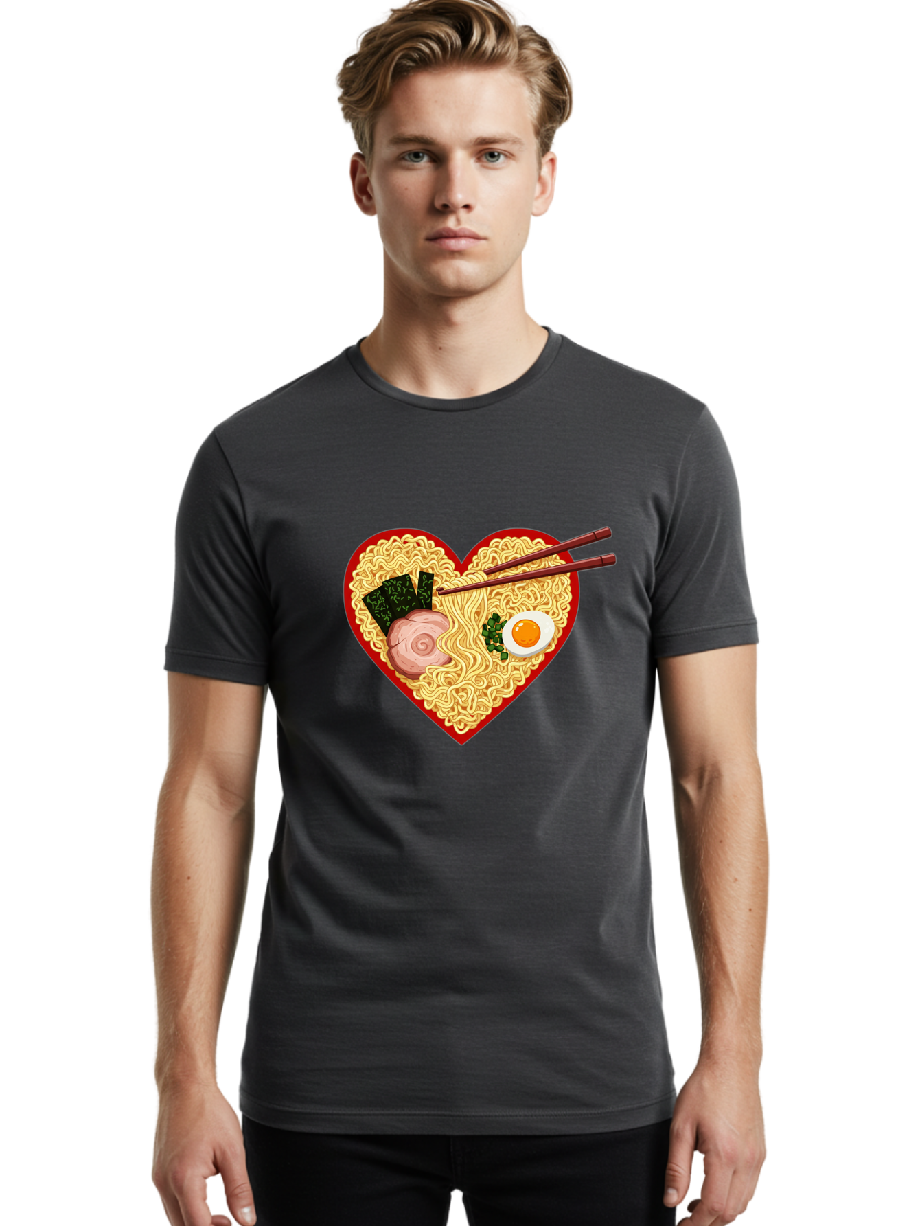 Heart-Shaped-Ramen-Noodles Men'S Graphic Tee, 100% Cotton, Comfortable Casual Summer Wear, Machine Washable, Ramen Noodles, Heart-Shaped Bowl, Chopsticks, Soft-Boiled Egg, Sliced Pork, Seaweed, Green Onions, Asian Cuisine, Japanese Food, Bae466
