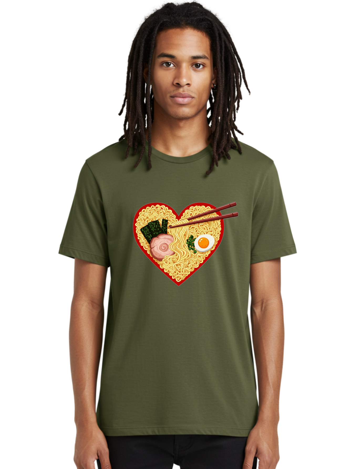 Heart-Shaped-Ramen-Noodles Men'S Graphic Tee, 100% Cotton, Comfortable Casual Summer Wear, Machine Washable, Ramen Noodles, Heart-Shaped Bowl, Chopsticks, Soft-Boiled Egg, Sliced Pork, Seaweed, Green Onions, Asian Cuisine, Japanese Food, Bae466