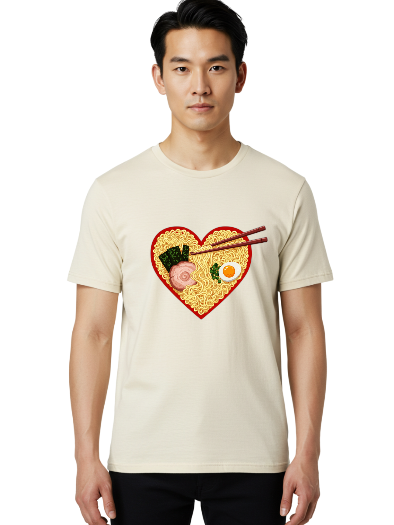 Heart-Shaped-Ramen-Noodles Men'S Graphic Tee, 100% Cotton, Comfortable Casual Summer Wear, Machine Washable, Ramen Noodles, Heart-Shaped Bowl, Chopsticks, Soft-Boiled Egg, Sliced Pork, Seaweed, Green Onions, Asian Cuisine, Japanese Food, Bae466