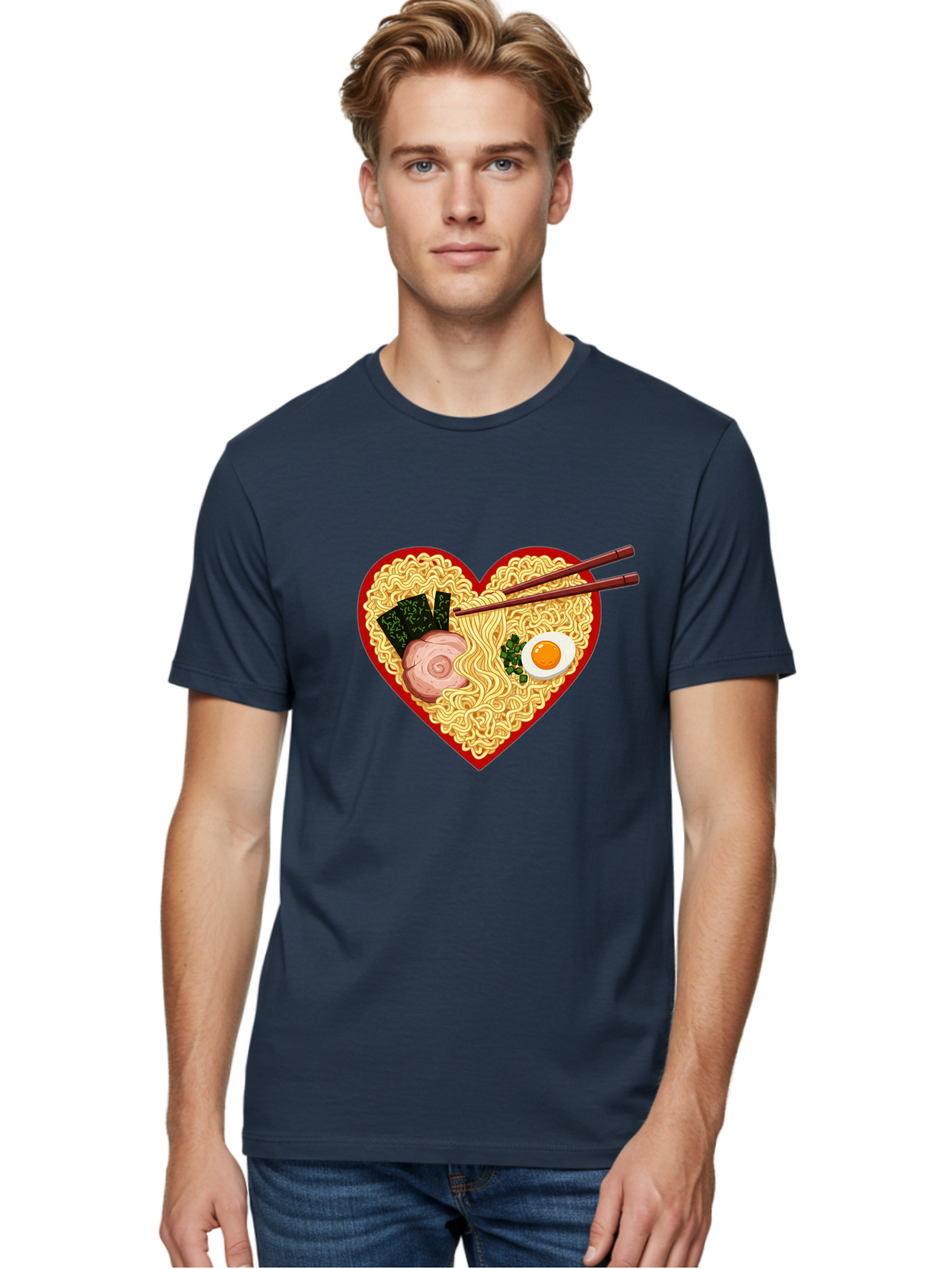 Heart-Shaped-Ramen-Noodles Men'S Graphic Tee, 100% Cotton, Comfortable Casual Summer Wear, Machine Washable, Ramen Noodles, Heart-Shaped Bowl, Chopsticks, Soft-Boiled Egg, Sliced Pork, Seaweed, Green Onions, Asian Cuisine, Japanese Food, Bae466