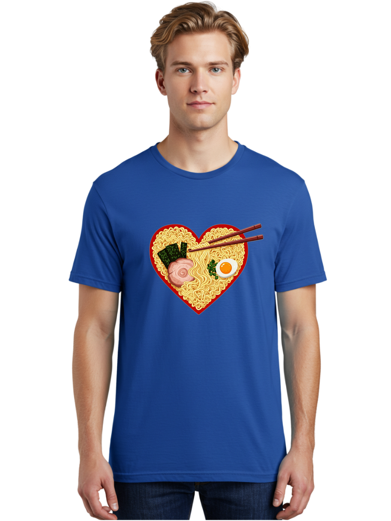Heart-Shaped-Ramen-Noodles Men'S Graphic Tee, 100% Cotton, Comfortable Casual Summer Wear, Machine Washable, Ramen Noodles, Heart-Shaped Bowl, Chopsticks, Soft-Boiled Egg, Sliced Pork, Seaweed, Green Onions, Asian Cuisine, Japanese Food, Bae466
