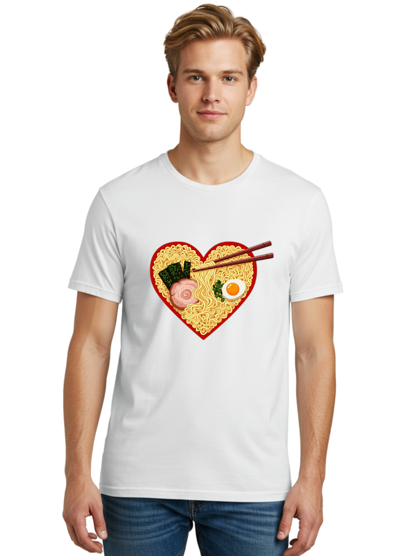 Heart-Shaped-Ramen-Noodles Men'S Graphic Tee, 100% Cotton, Comfortable Casual Summer Wear, Machine Washable, Ramen Noodles, Heart-Shaped Bowl, Chopsticks, Soft-Boiled Egg, Sliced Pork, Seaweed, Green Onions, Asian Cuisine, Japanese Food, Bae466