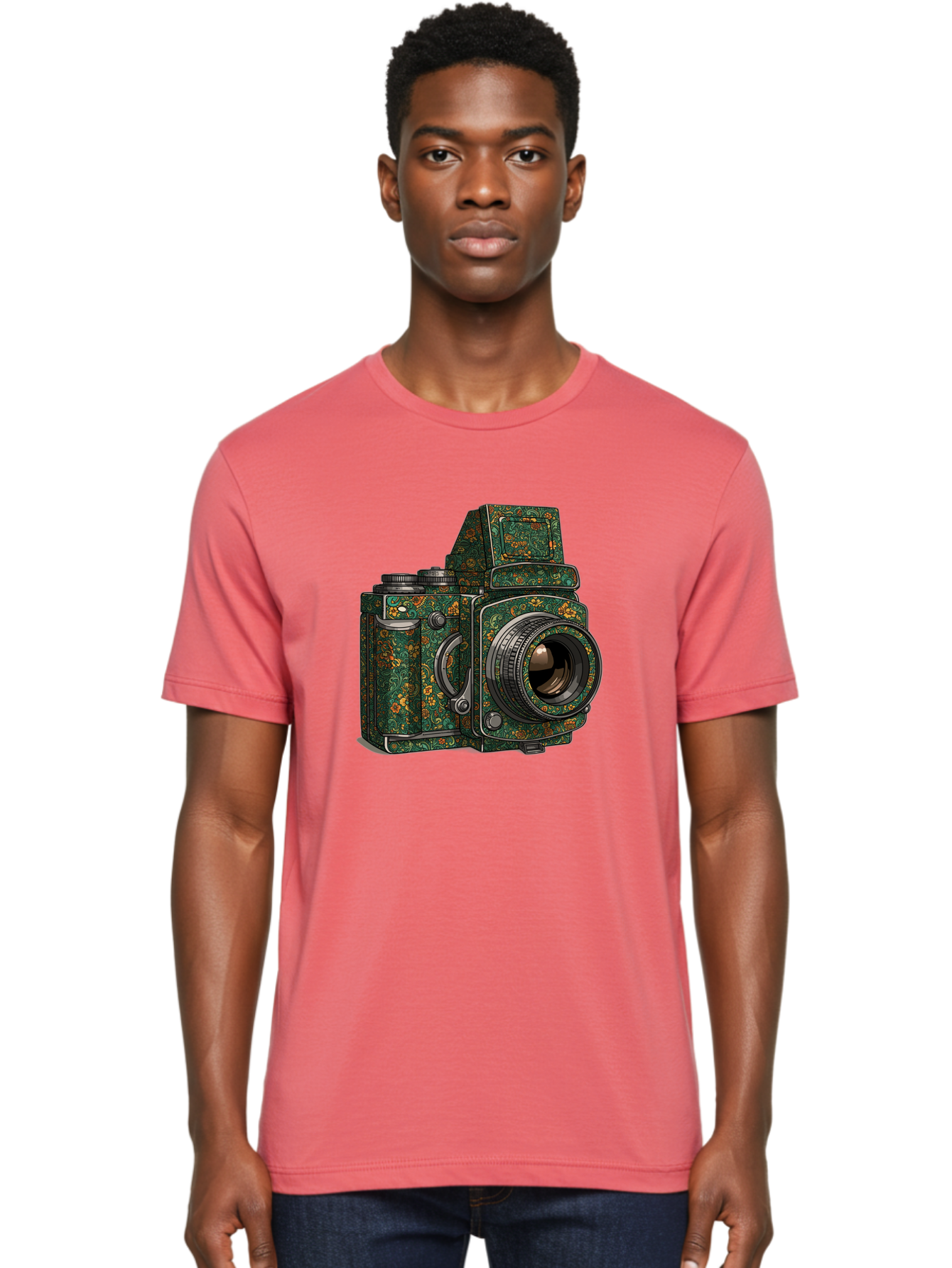 Holoformer-Camera Men'S Graphic Tee, 100% Cotton, Comfortable Casual Summer Wear, Machine Washable, Medium Format Camera, Vintage Photography Equipment, Retro Camera Design, Floral Patterns, Luxurious Look, Intricate Details, Bae468