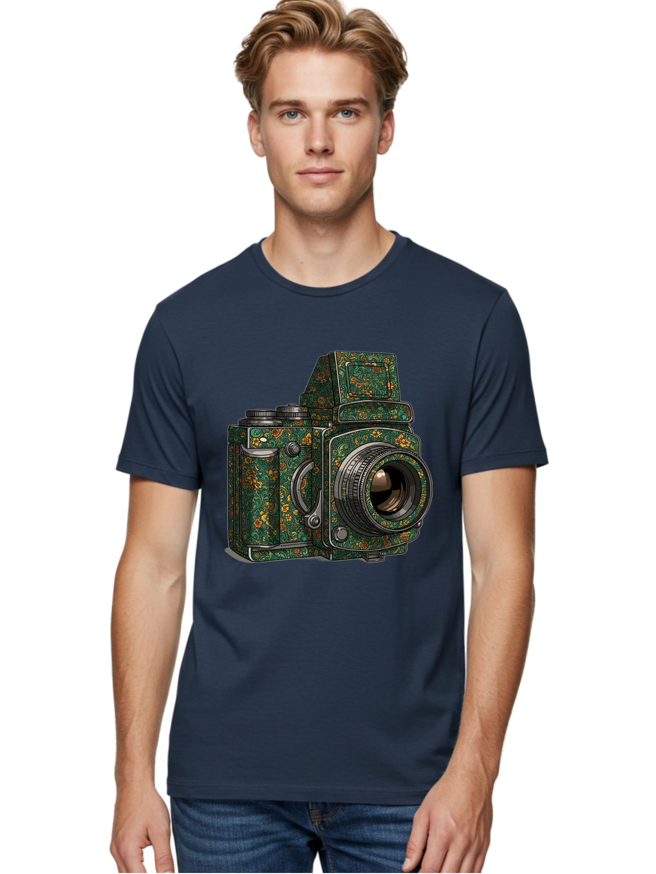 Holoformer-Camera Men'S Graphic Tee, 100% Cotton, Comfortable Casual Summer Wear, Machine Washable, Medium Format Camera, Vintage Photography Equipment, Retro Camera Design, Floral Patterns, Luxurious Look, Intricate Details, Bae468
