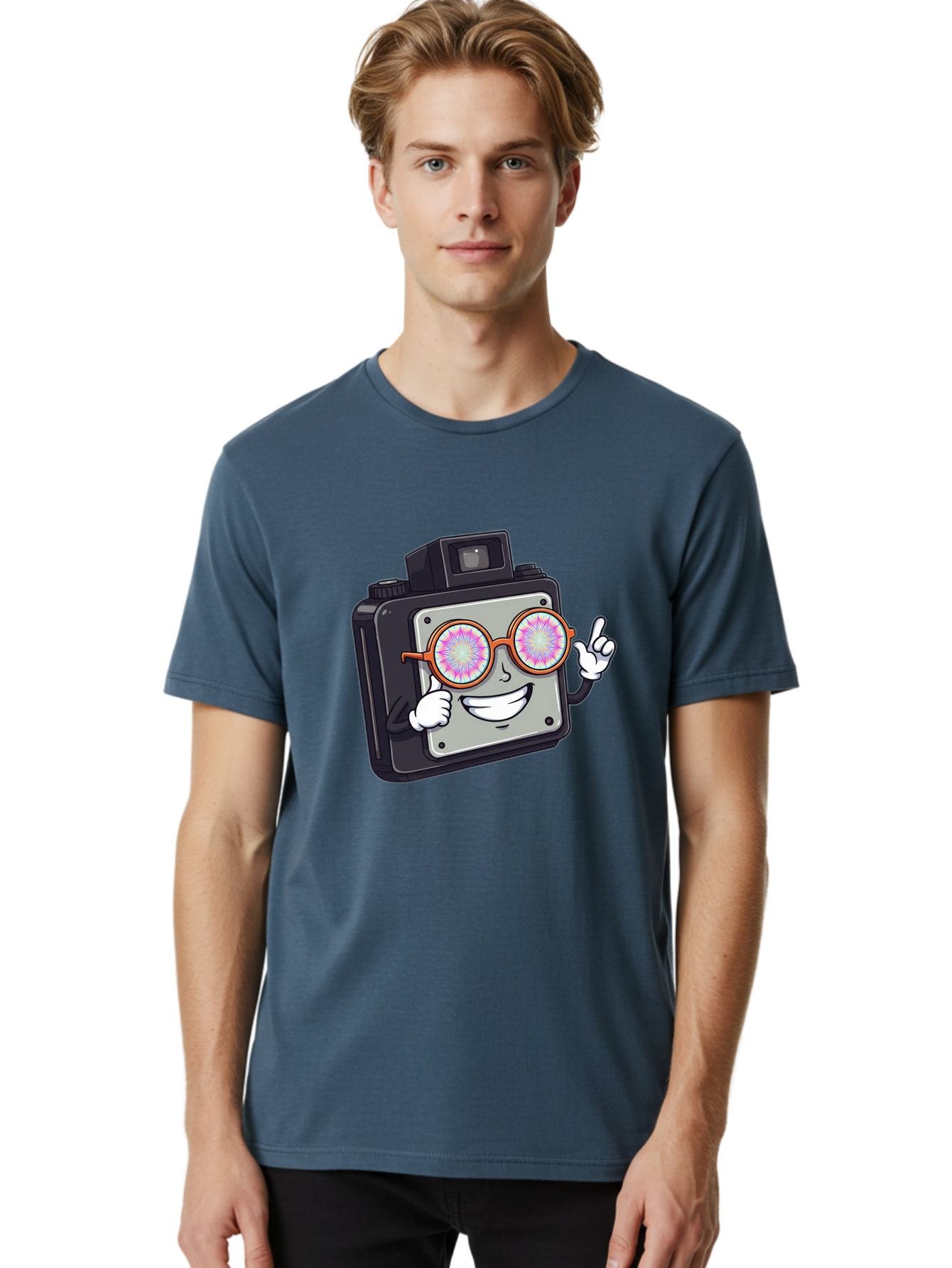 Instant-Camera-Character Men'S Graphic Tee, 100% Cotton, Comfortable Casual Summer Wear, Machine Washable, Cartoon Camera, Sunglasses, Pink Lenses, Funny Character, Playful Vibe, Happy Expression, Creative Illustration, Fun Photography Bae470