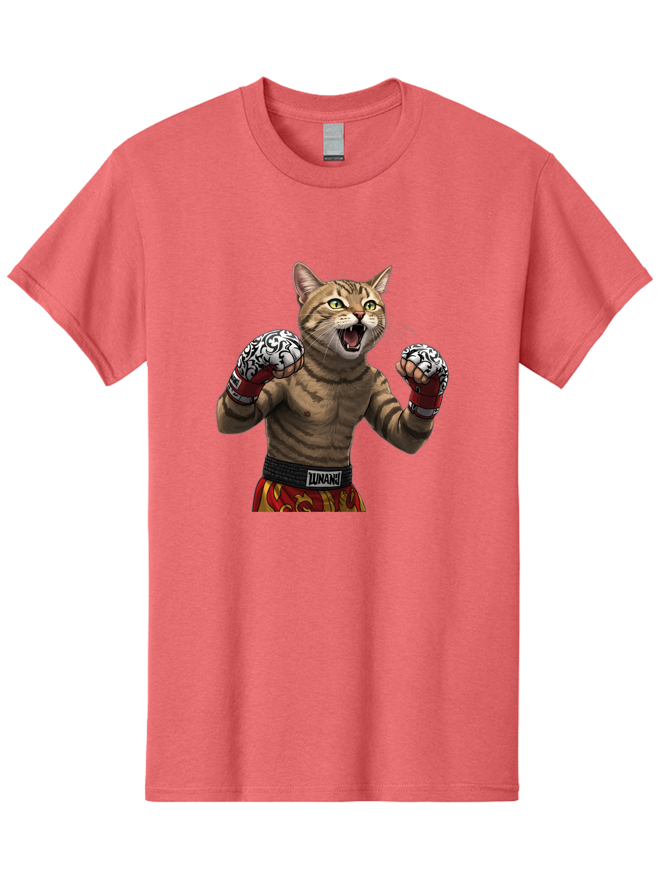 Inunaki Men'S Graphic Tee, 100% Cotton, Comfortable Casual Summer Wear, Machine Washable, Boxing Cat, Muscular Cat, Fighting Stance, Cat With Boxing Gloves, Cartoon Cat, Mixed Martial Arts, Feline Fighter, Lunari Branding, Bold Design, Bae471
