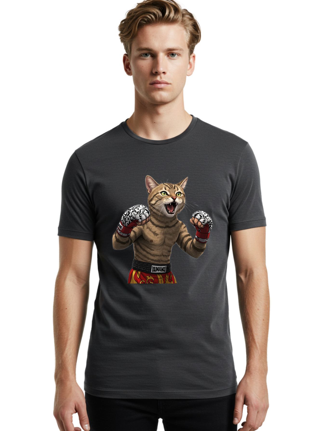 Inunaki Men'S Graphic Tee, 100% Cotton, Comfortable Casual Summer Wear, Machine Washable, Boxing Cat, Muscular Cat, Fighting Stance, Cat With Boxing Gloves, Cartoon Cat, Mixed Martial Arts, Feline Fighter, Lunari Branding, Bold Design, Bae471