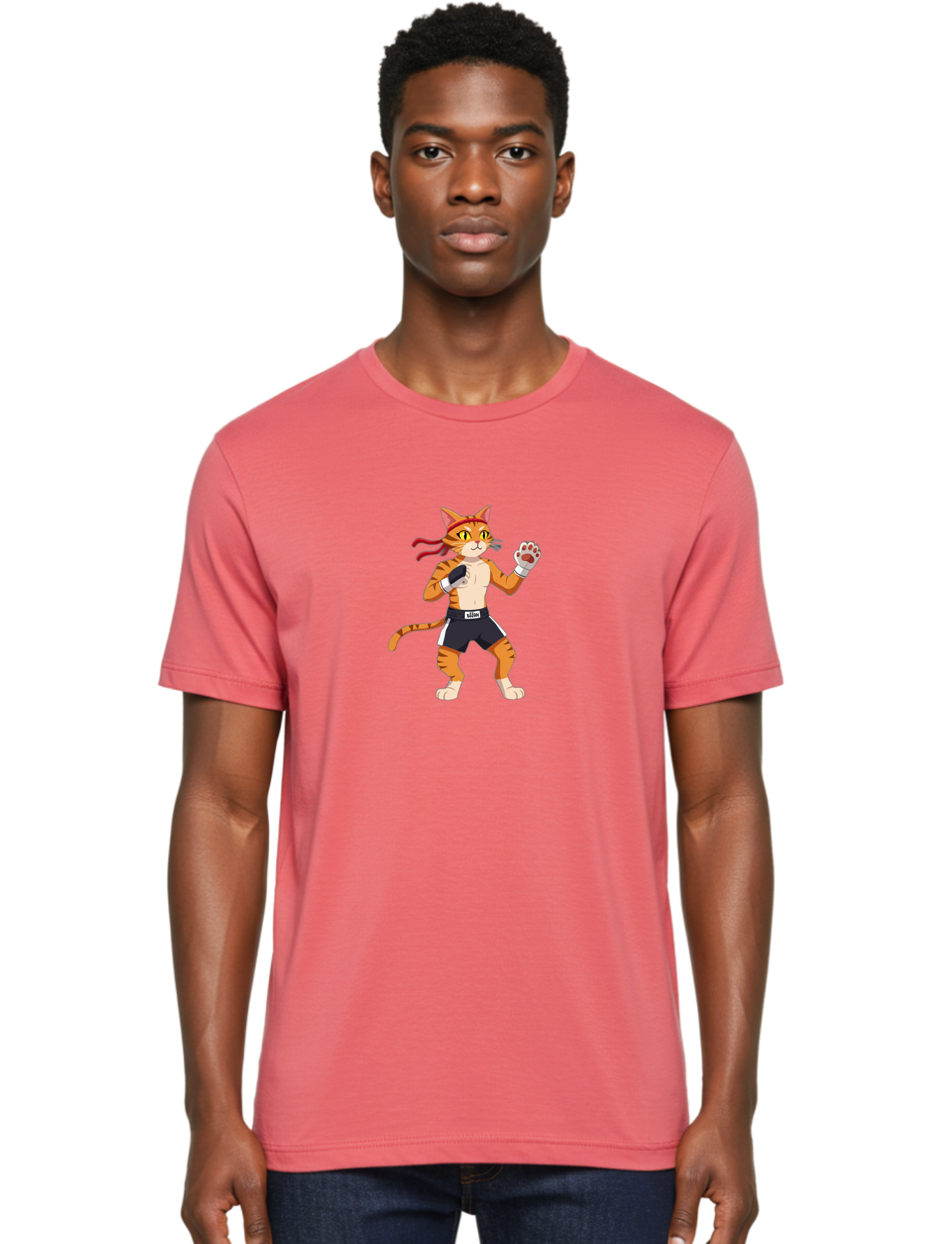 Katom Men'S Graphic Tee, 100% Cotton, Comfortable Casual Summer Wear, Machine Washable, Cartoon Cat Boxer, Orange Striped Cat, Boxing Gloves, Boxing Shorts, Martial Arts, Fighting Cat, Cartoon Character, Funny Animal, Boxing Pose, Bae477