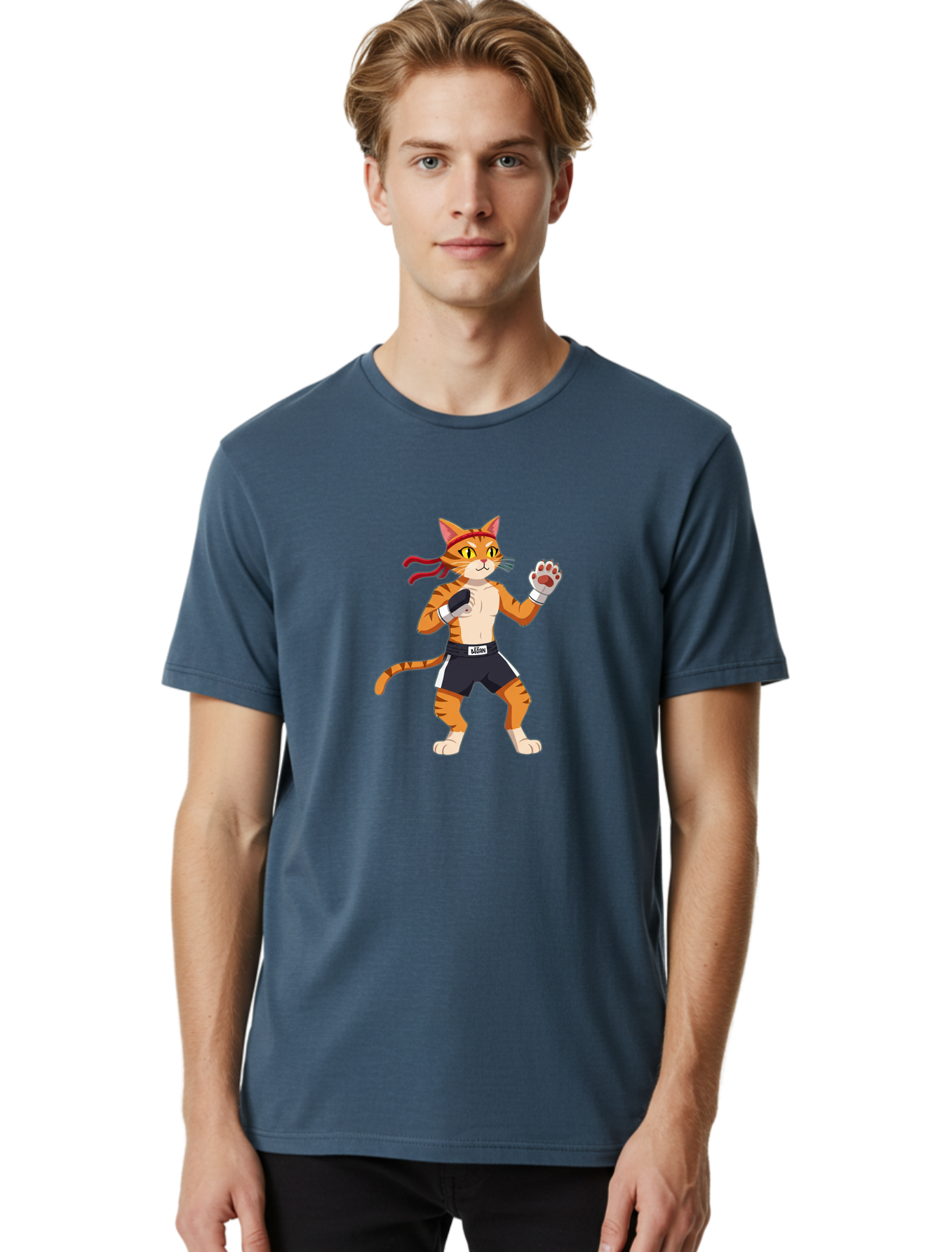 Katom Men'S Graphic Tee, 100% Cotton, Comfortable Casual Summer Wear, Machine Washable, Cartoon Cat Boxer, Orange Striped Cat, Boxing Gloves, Boxing Shorts, Martial Arts, Fighting Cat, Cartoon Character, Funny Animal, Boxing Pose, Bae477