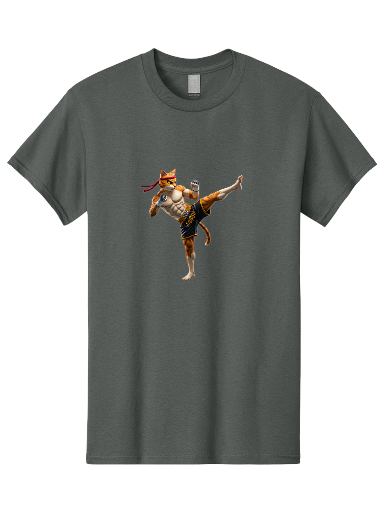 Kitt Men'S Graphic Tee, 100% Cotton, Comfortable Casual Summer Wear, Machine Washable, Cartoon Cat In Muay Thai Stance, Kickboxing Pose, Martial Arts, Athletic Physique, Orange Cat With Red Headband, Fighting Stance, Dynamic Action Bae478