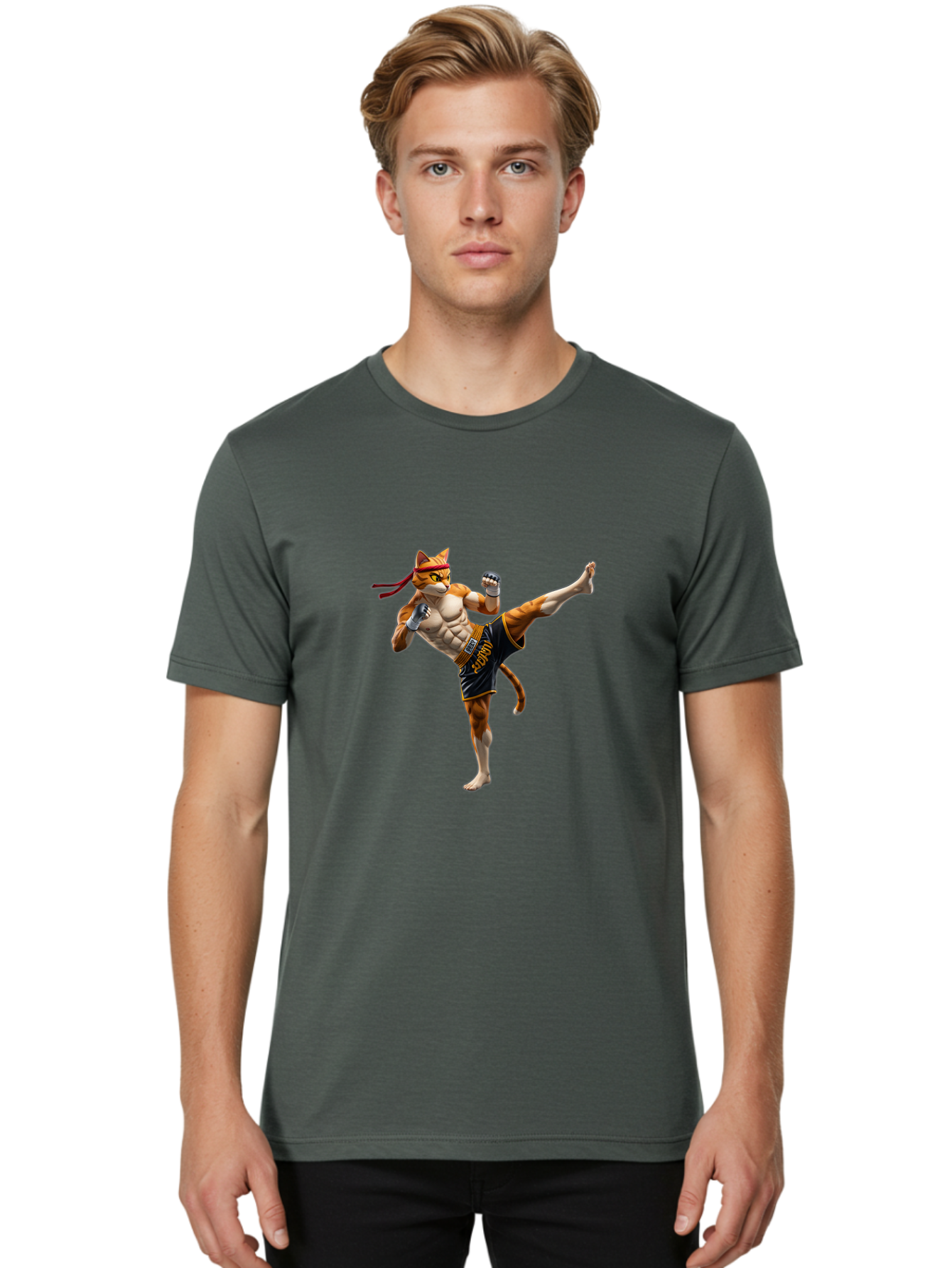 Kitt Men'S Graphic Tee, 100% Cotton, Comfortable Casual Summer Wear, Machine Washable, Cartoon Cat In Muay Thai Stance, Kickboxing Pose, Martial Arts, Athletic Physique, Orange Cat With Red Headband, Fighting Stance, Dynamic Action Bae478
