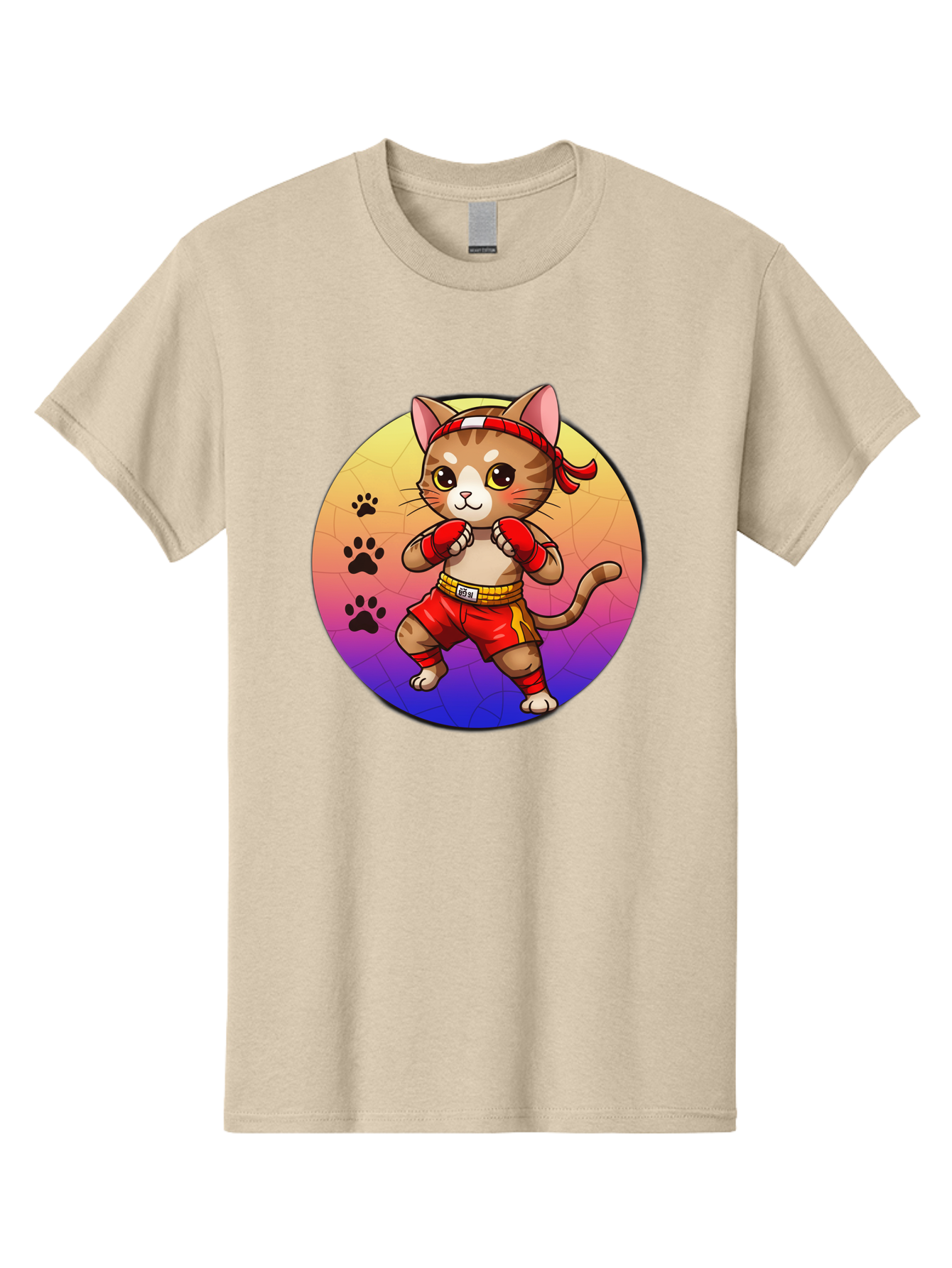 Kitty-Muay-Thai Men'S Graphic Tee, 100% Cotton, Comfortable Casual Summer Wear, Machine Washable, Cartoon Cat, Muay Thai Fighter, Boxing Gloves, Red Shorts, Kawaii Character, Cat Paw Prints, Gradient Background, Martial Arts, Fighting Stance, Bae480