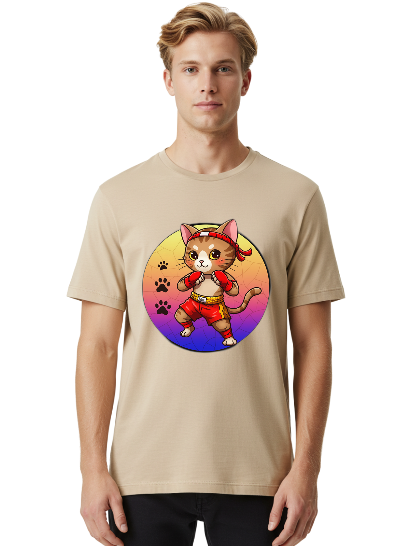 Kitty-Muay-Thai Men'S Graphic Tee, 100% Cotton, Comfortable Casual Summer Wear, Machine Washable, Cartoon Cat, Muay Thai Fighter, Boxing Gloves, Red Shorts, Kawaii Character, Cat Paw Prints, Gradient Background, Martial Arts, Fighting Stance, Bae480