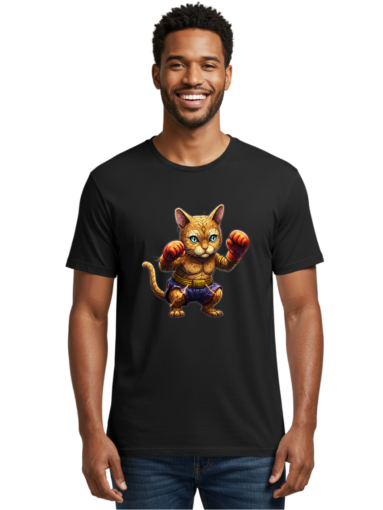 Kung-Fu-Cat-1 Men'S Graphic Tee, 100% Cotton, Comfortable Casual Summer Wear, Machine Washable, Cartoon Cat With Boxing Gloves, Muscular Cat, Fighting Stance, Blue Shorts, Gold Belt, Tiger-Like, Orange Fur, Intense Stare, Athletic Build, Bae481