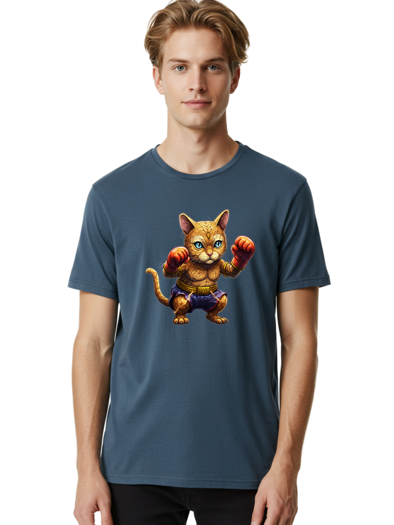 Kung-Fu-Cat-1 Men'S Graphic Tee, 100% Cotton, Comfortable Casual Summer Wear, Machine Washable, Cartoon Cat With Boxing Gloves, Muscular Cat, Fighting Stance, Blue Shorts, Gold Belt, Tiger-Like, Orange Fur, Intense Stare, Athletic Build, Bae481