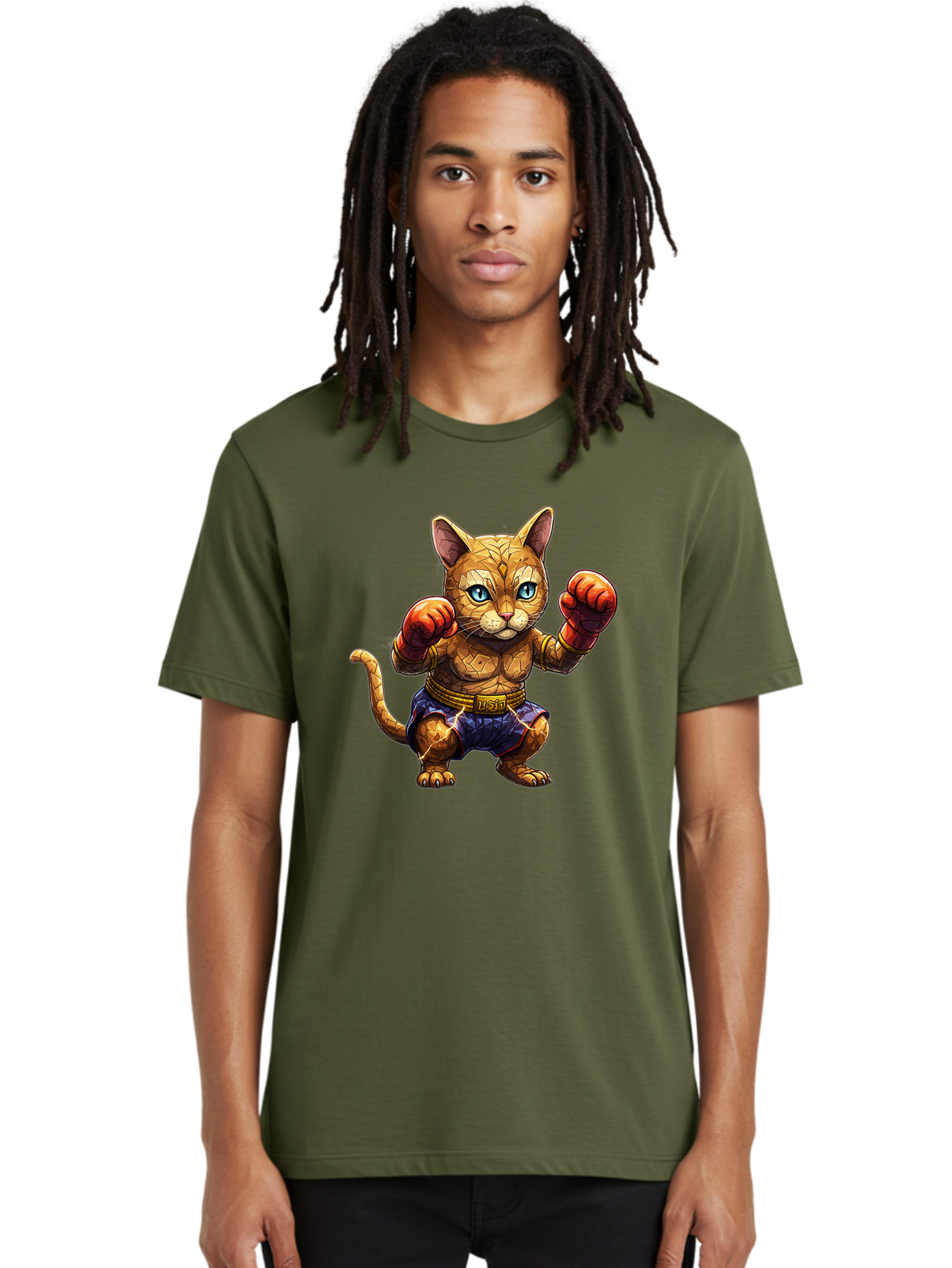 Kung-Fu-Cat-1 Men'S Graphic Tee, 100% Cotton, Comfortable Casual Summer Wear, Machine Washable, Cartoon Cat With Boxing Gloves, Muscular Cat, Fighting Stance, Blue Shorts, Gold Belt, Tiger-Like, Orange Fur, Intense Stare, Athletic Build, Bae481