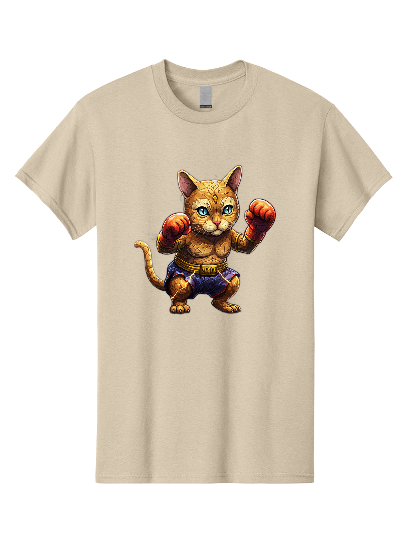 Kung-Fu-Cat-1 Men'S Graphic Tee, 100% Cotton, Comfortable Casual Summer Wear, Machine Washable, Cartoon Cat With Boxing Gloves, Muscular Cat, Fighting Stance, Blue Shorts, Gold Belt, Tiger-Like, Orange Fur, Intense Stare, Athletic Build, Bae481