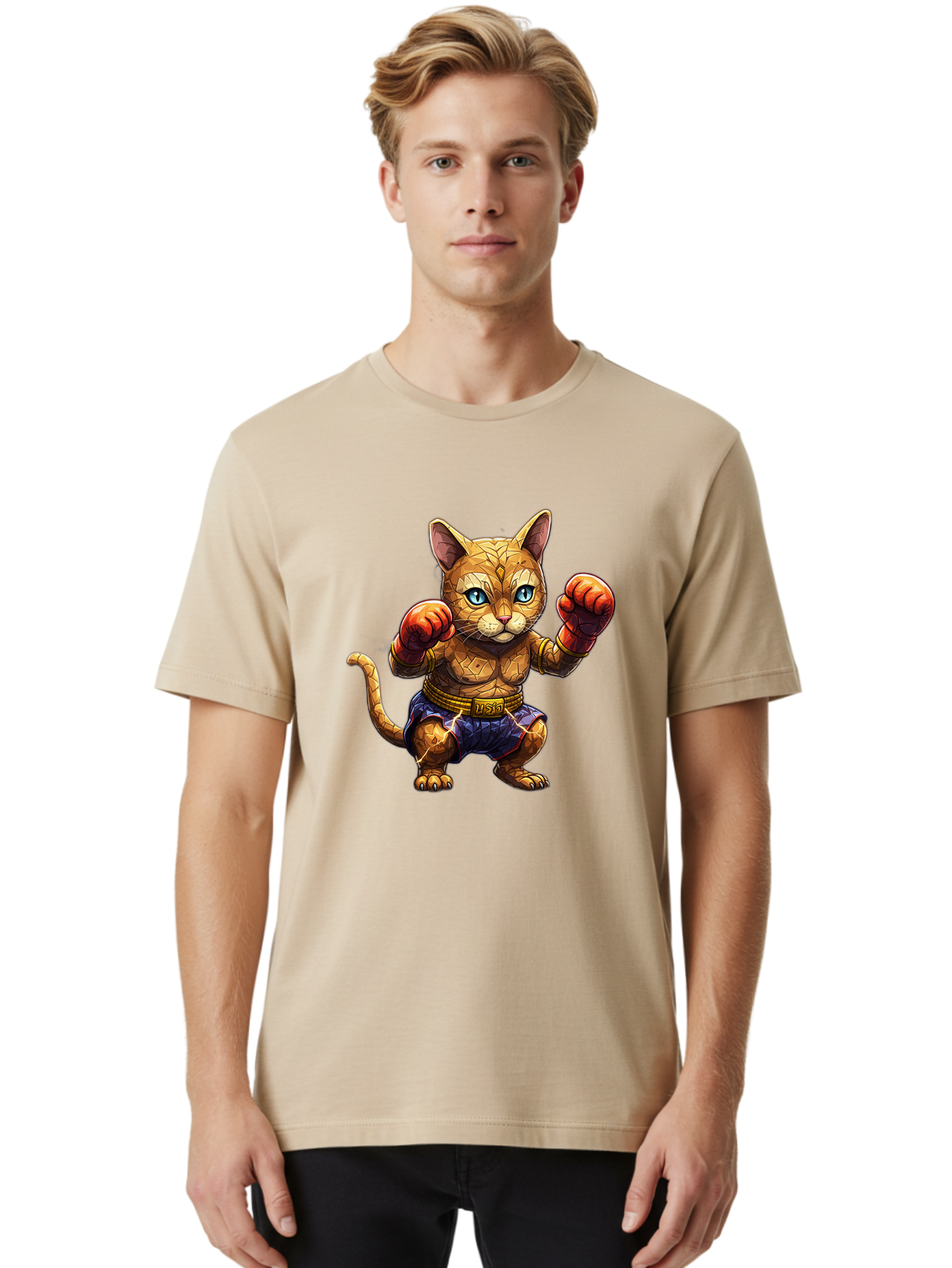 Kung-Fu-Cat-1 Men'S Graphic Tee, 100% Cotton, Comfortable Casual Summer Wear, Machine Washable, Cartoon Cat With Boxing Gloves, Muscular Cat, Fighting Stance, Blue Shorts, Gold Belt, Tiger-Like, Orange Fur, Intense Stare, Athletic Build, Bae481