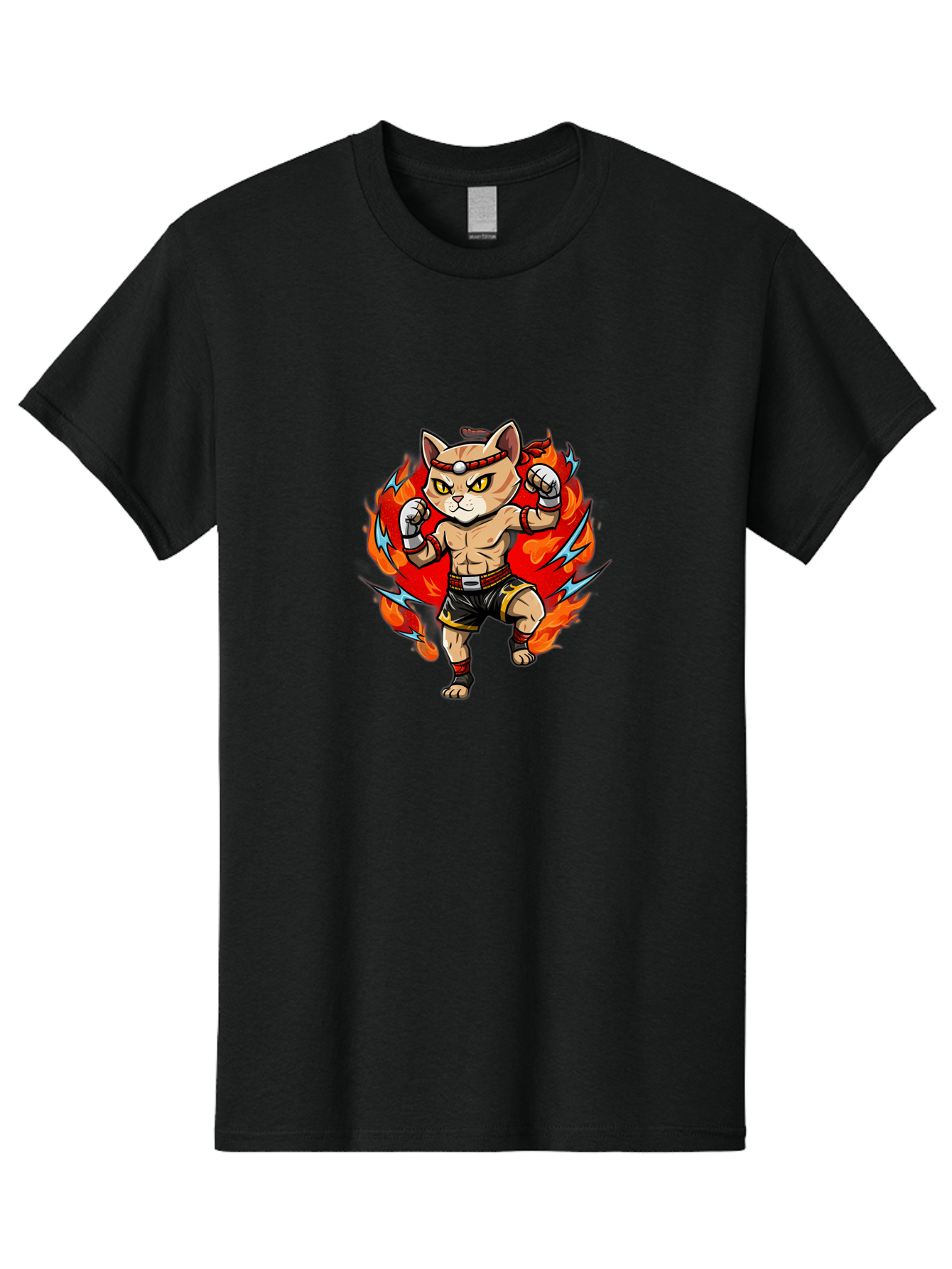 Kung-Fu-Cat Men'S Graphic Tee, 100% Cotton, Comfortable Casual Summer Wear, Machine Washable, Cartoon Cat, Fighting Stance, Martial Arts, Ninja Kitty, Red Flames, Orange Kitten, Yellow Eyes, Boxing Gloves Bae482
