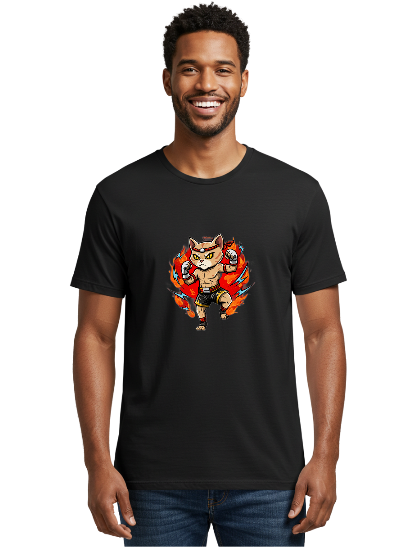 Kung-Fu-Cat Men'S Graphic Tee, 100% Cotton, Comfortable Casual Summer Wear, Machine Washable, Cartoon Cat, Fighting Stance, Martial Arts, Ninja Kitty, Red Flames, Orange Kitten, Yellow Eyes, Boxing Gloves Bae482