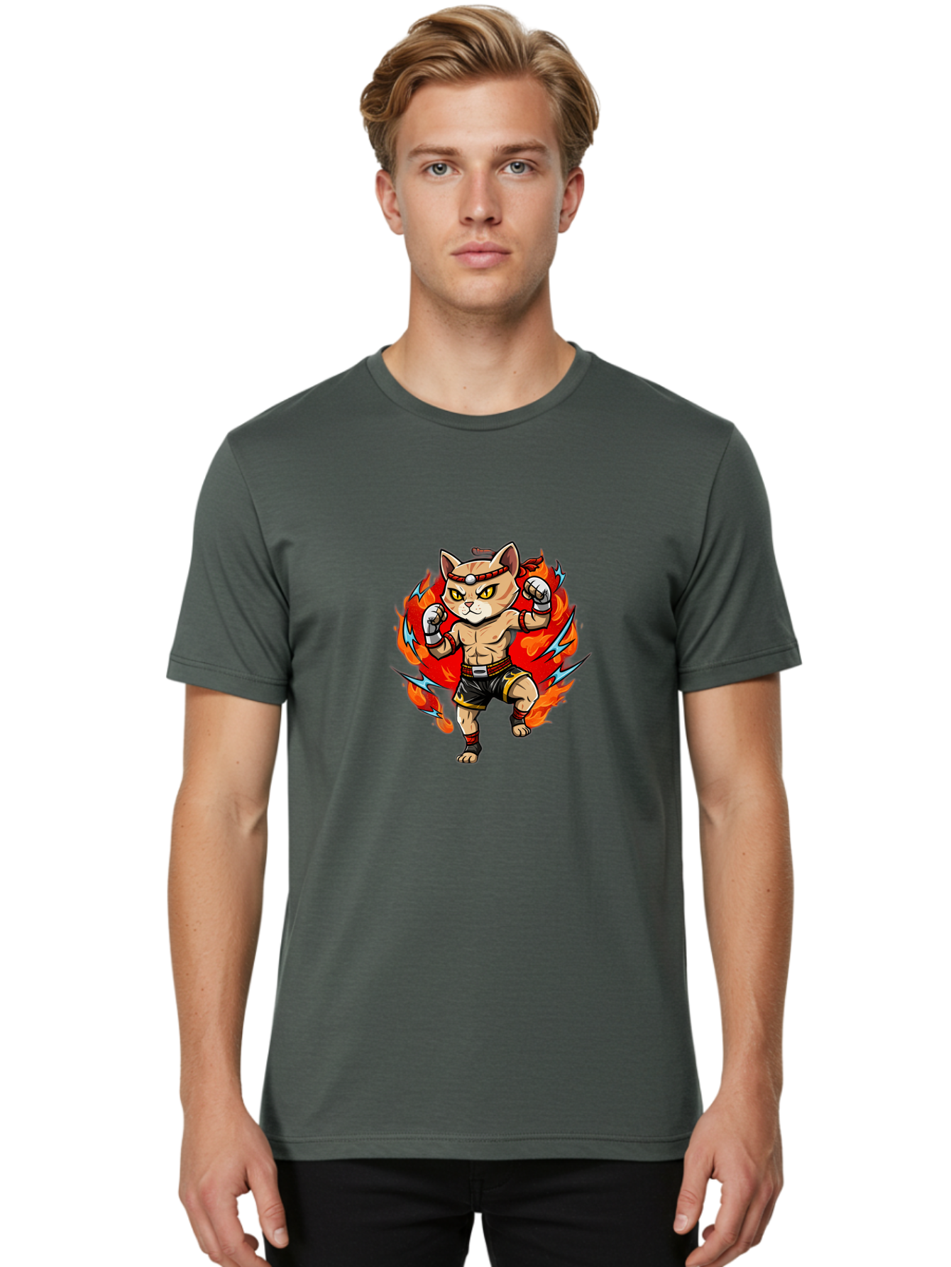 Kung-Fu-Cat Men'S Graphic Tee, 100% Cotton, Comfortable Casual Summer Wear, Machine Washable, Cartoon Cat, Fighting Stance, Martial Arts, Ninja Kitty, Red Flames, Orange Kitten, Yellow Eyes, Boxing Gloves Bae482