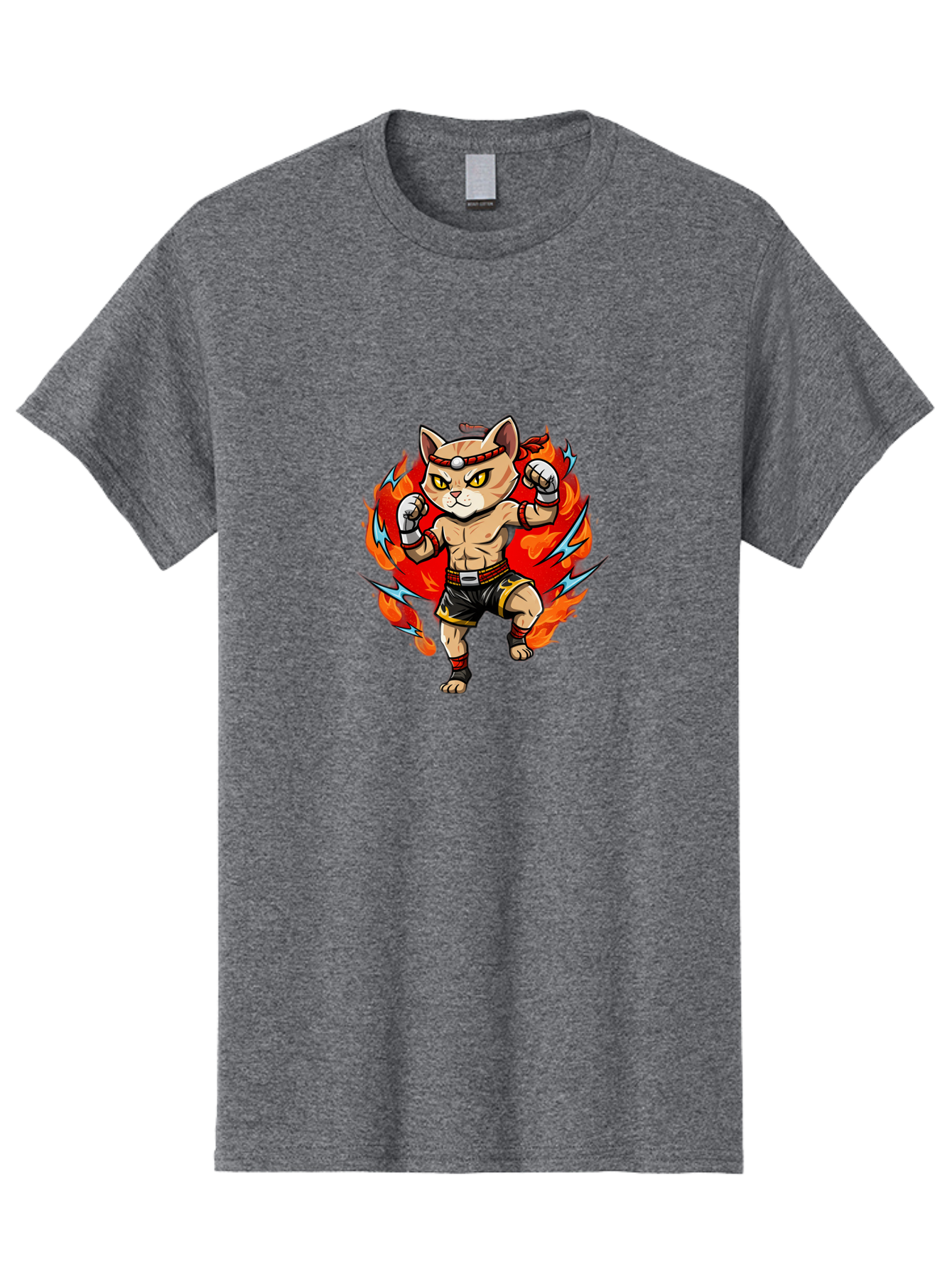 Kung-Fu-Cat Men'S Graphic Tee, 100% Cotton, Comfortable Casual Summer Wear, Machine Washable, Cartoon Cat, Fighting Stance, Martial Arts, Ninja Kitty, Red Flames, Orange Kitten, Yellow Eyes, Boxing Gloves Bae482