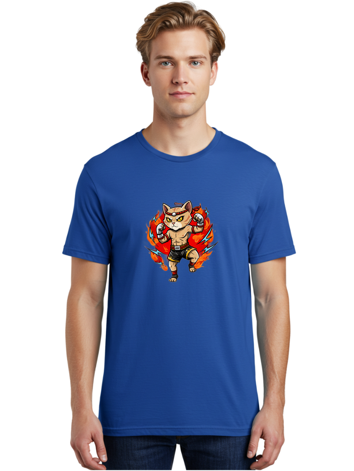 Kung-Fu-Cat Men'S Graphic Tee, 100% Cotton, Comfortable Casual Summer Wear, Machine Washable, Cartoon Cat, Fighting Stance, Martial Arts, Ninja Kitty, Red Flames, Orange Kitten, Yellow Eyes, Boxing Gloves Bae482