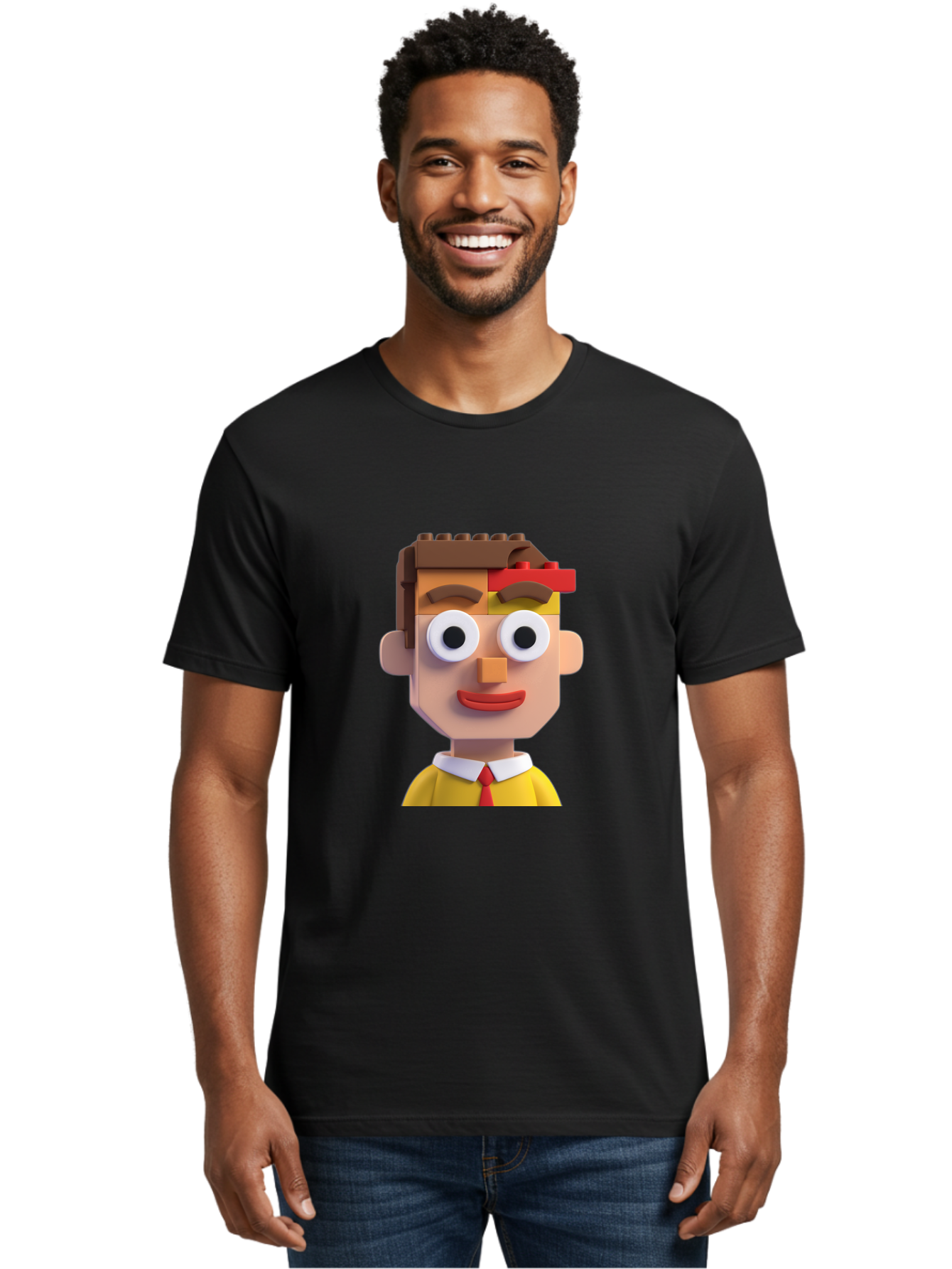 Lego-Man Men'S Graphic Tee, 100% Cotton, Comfortable Casual Summer Wear, Machine Washable, Cartoon Character, Lego Bricks, 3D Model, Funny Face, Large Eyes, Red Tie, Yellow Shirt, White Collar, Playful Design, Digital Art, Character Design Bae483