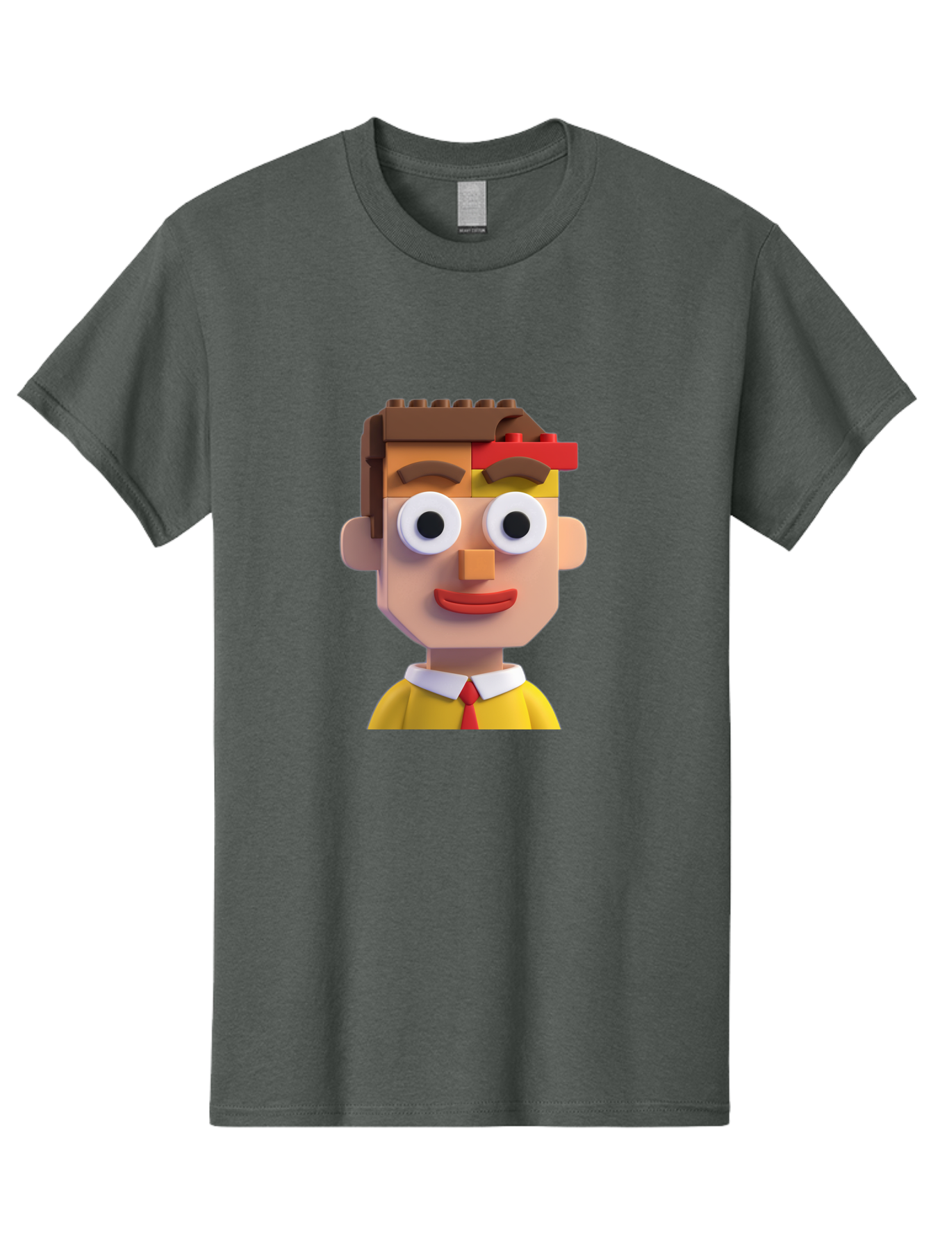 Lego-Man Men'S Graphic Tee, 100% Cotton, Comfortable Casual Summer Wear, Machine Washable, Cartoon Character, Lego Bricks, 3D Model, Funny Face, Large Eyes, Red Tie, Yellow Shirt, White Collar, Playful Design, Digital Art, Character Design Bae483