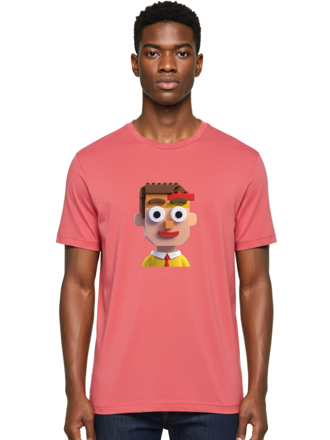 Lego-Man Men'S Graphic Tee, 100% Cotton, Comfortable Casual Summer Wear, Machine Washable, Cartoon Character, Lego Bricks, 3D Model, Funny Face, Large Eyes, Red Tie, Yellow Shirt, White Collar, Playful Design, Digital Art, Character Design Bae483