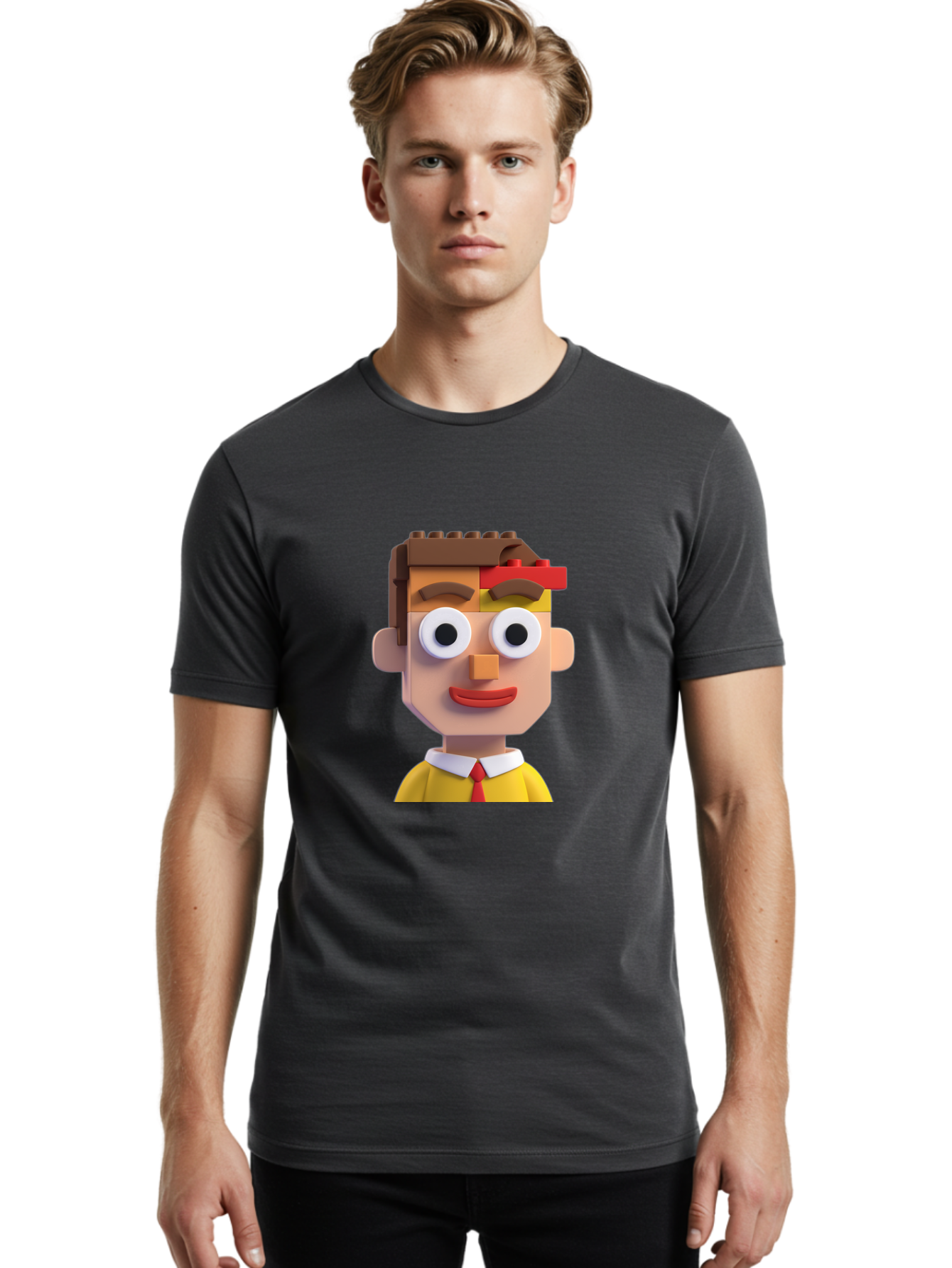 Lego-Man Men'S Graphic Tee, 100% Cotton, Comfortable Casual Summer Wear, Machine Washable, Cartoon Character, Lego Bricks, 3D Model, Funny Face, Large Eyes, Red Tie, Yellow Shirt, White Collar, Playful Design, Digital Art, Character Design Bae483