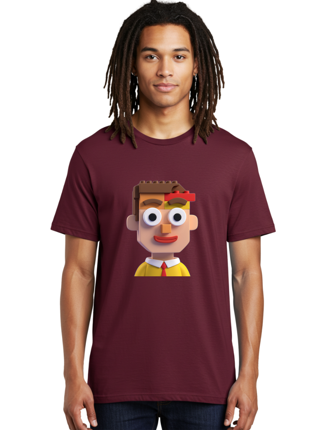 Lego-Man Men'S Graphic Tee, 100% Cotton, Comfortable Casual Summer Wear, Machine Washable, Cartoon Character, Lego Bricks, 3D Model, Funny Face, Large Eyes, Red Tie, Yellow Shirt, White Collar, Playful Design, Digital Art, Character Design Bae483