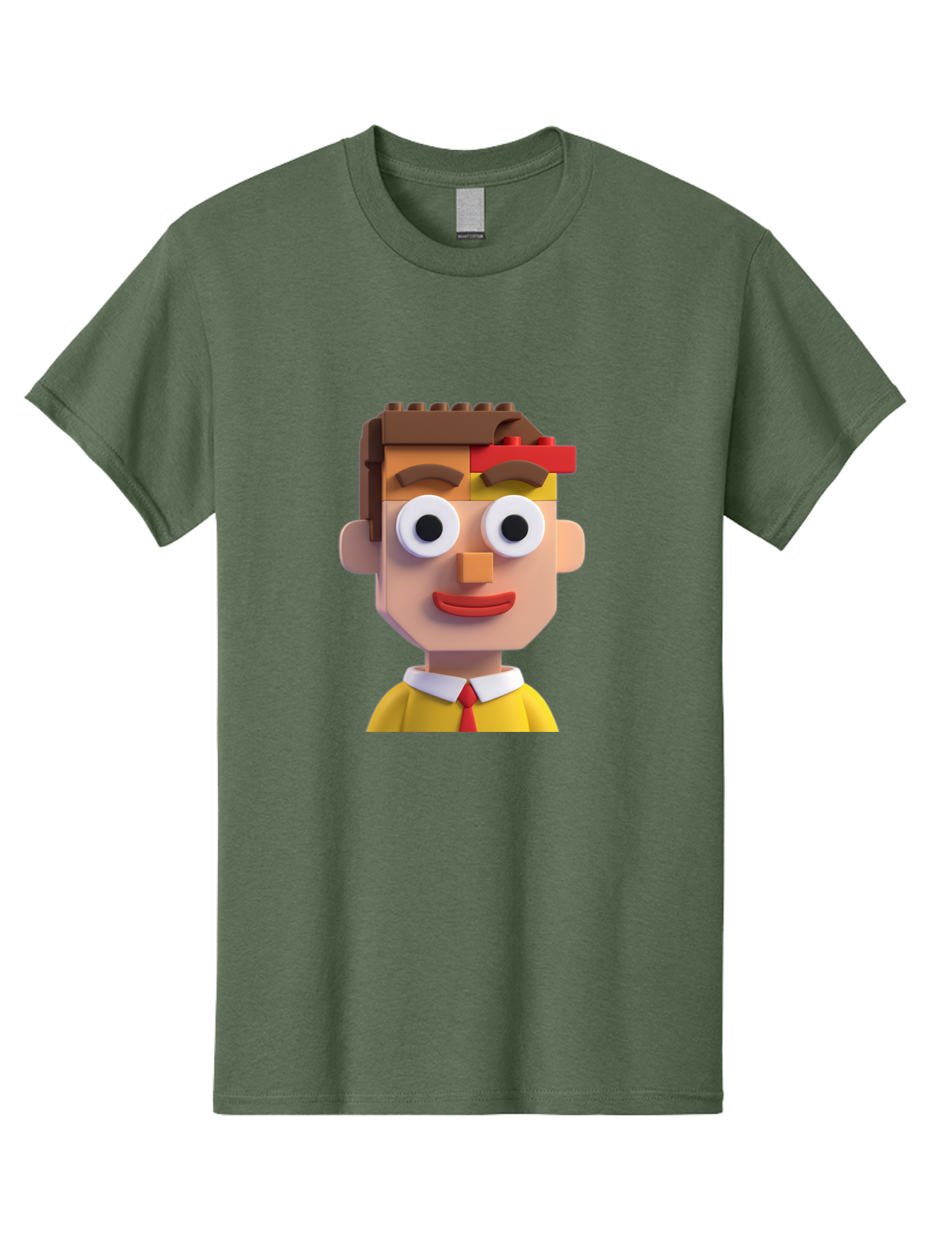 Lego-Man Men'S Graphic Tee, 100% Cotton, Comfortable Casual Summer Wear, Machine Washable, Cartoon Character, Lego Bricks, 3D Model, Funny Face, Large Eyes, Red Tie, Yellow Shirt, White Collar, Playful Design, Digital Art, Character Design Bae483