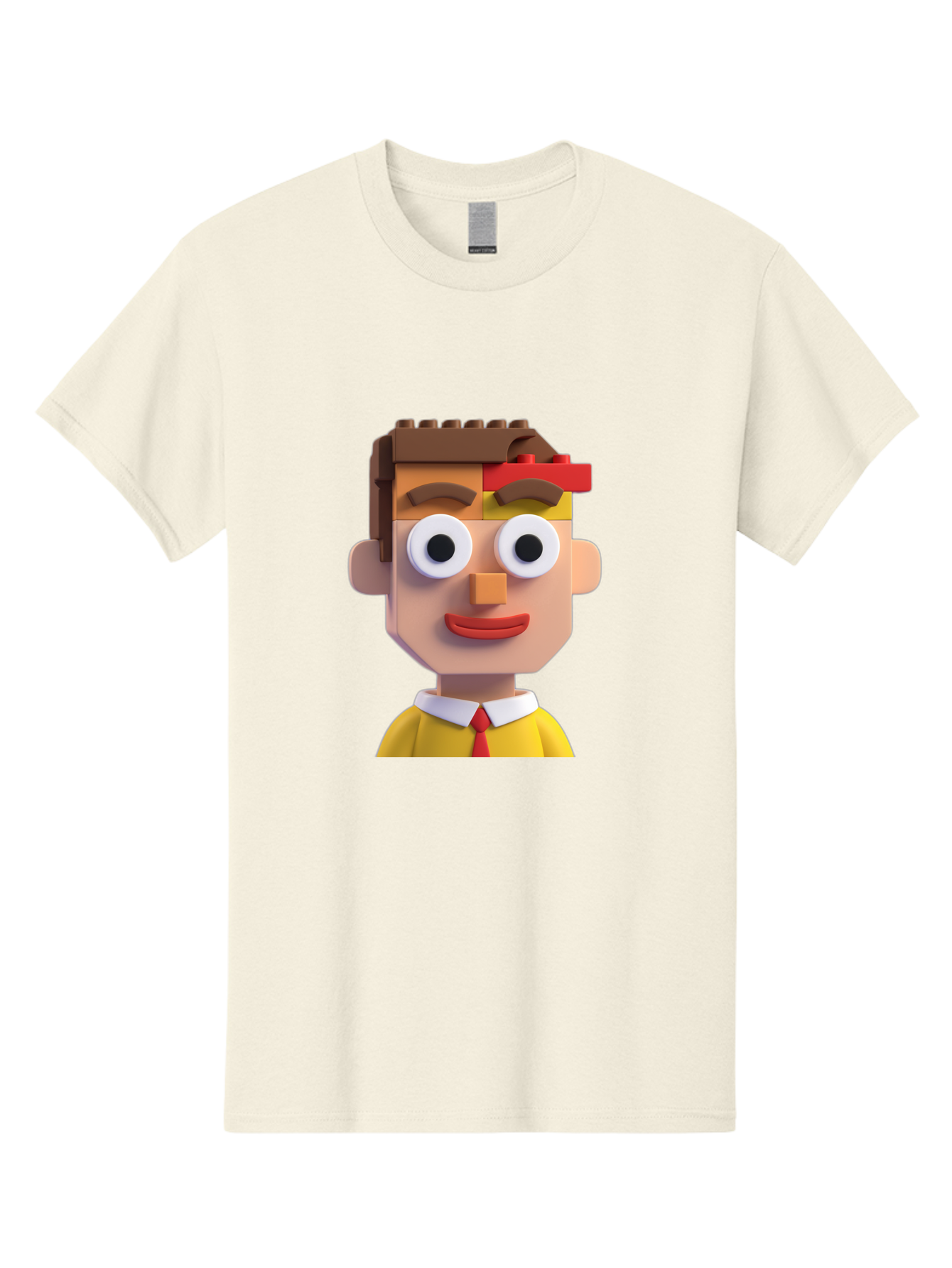 Lego-Man Men'S Graphic Tee, 100% Cotton, Comfortable Casual Summer Wear, Machine Washable, Cartoon Character, Lego Bricks, 3D Model, Funny Face, Large Eyes, Red Tie, Yellow Shirt, White Collar, Playful Design, Digital Art, Character Design Bae483