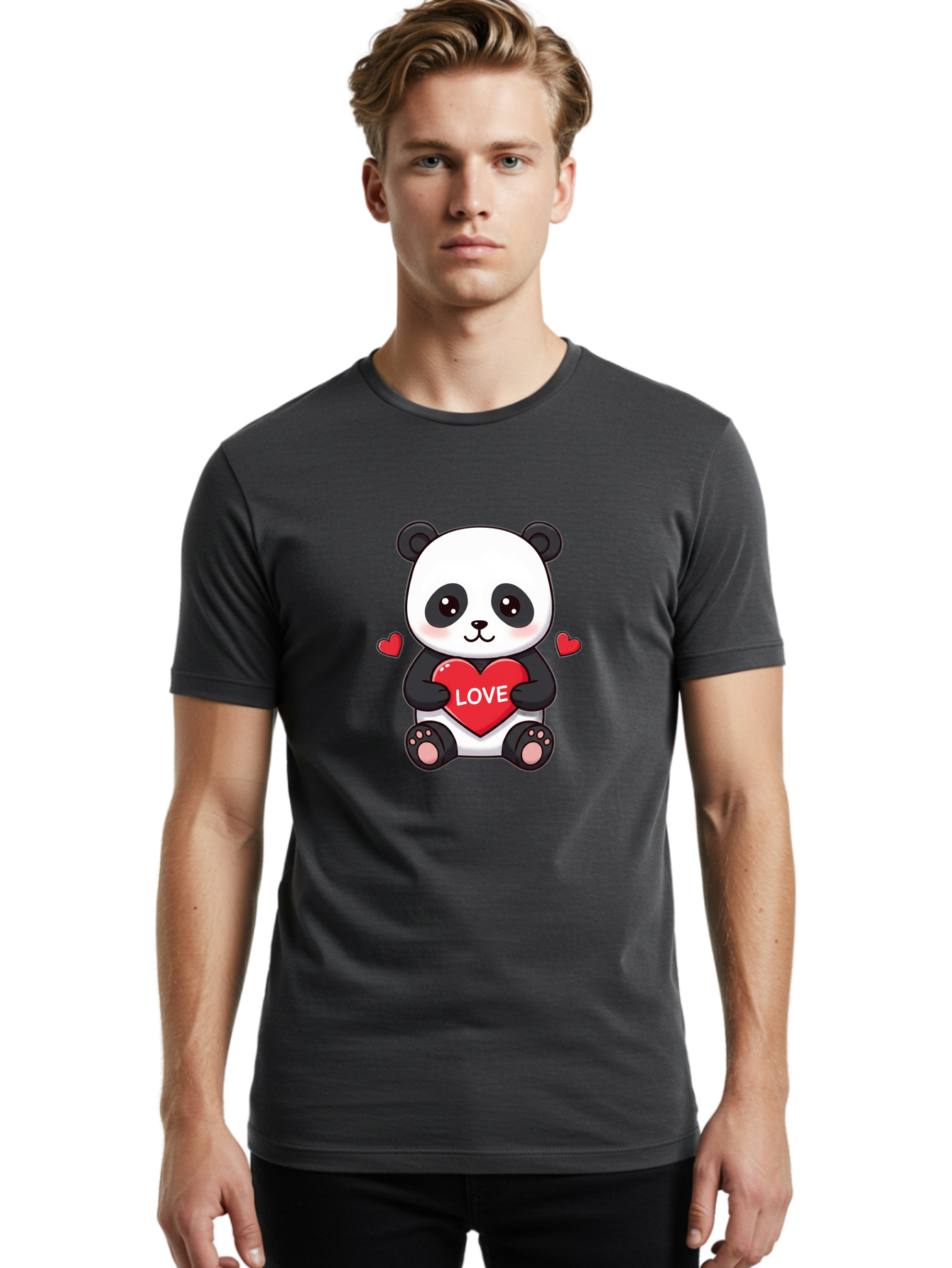Love-Panda Men'S Graphic Tee, 100% Cotton, Comfortable Casual Summer Wear, Machine Washable, Cute Panda Bear, Love Heart, Red Heart With Love, Adorable Cartoon Character, Kawaii Illustration, Heartwarming Scene, Panda Love Bae486