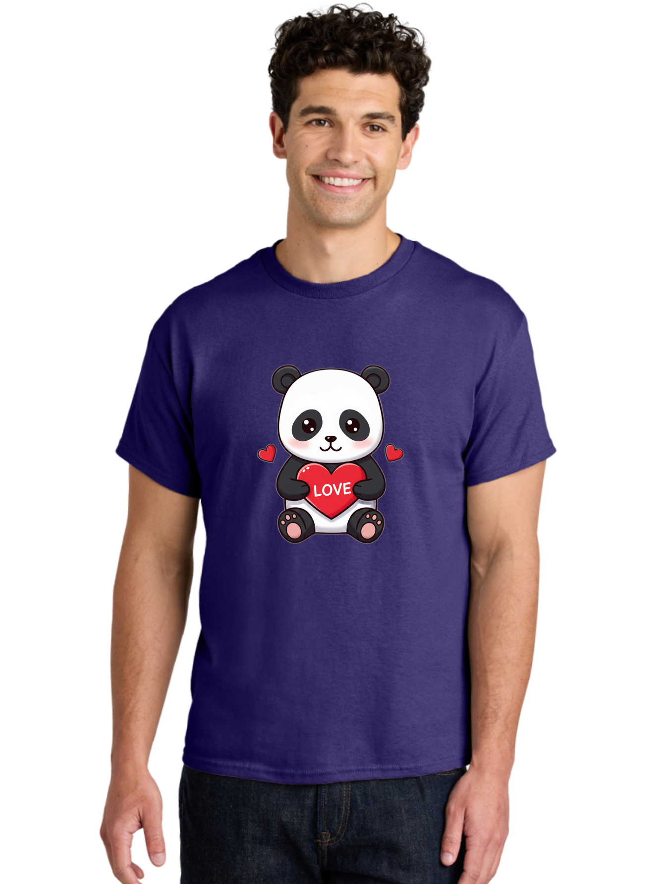 Love-Panda Men'S Graphic Tee, 100% Cotton, Comfortable Casual Summer Wear, Machine Washable, Cute Panda Bear, Love Heart, Red Heart With Love, Adorable Cartoon Character, Kawaii Illustration, Heartwarming Scene, Panda Love Bae486