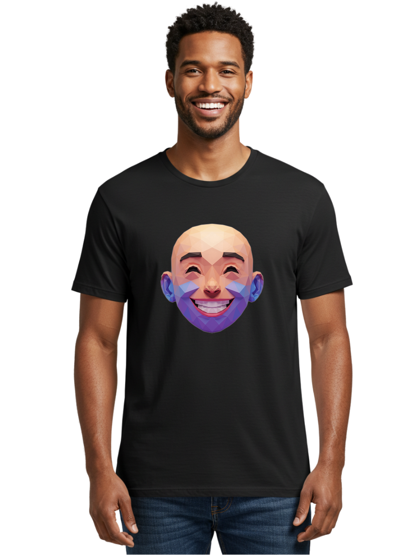 Low-Poly-Face Men'S Graphic Tee, 100% Cotton, Comfortable Casual Summer Wear, Machine Washable, Low Poly Art, 3D Model, Smiling Face, Bald Man, Purple Beard, Happy Expression, Geometric Shapes, Cartoon Style, Digital Art, Modern Design Bae487