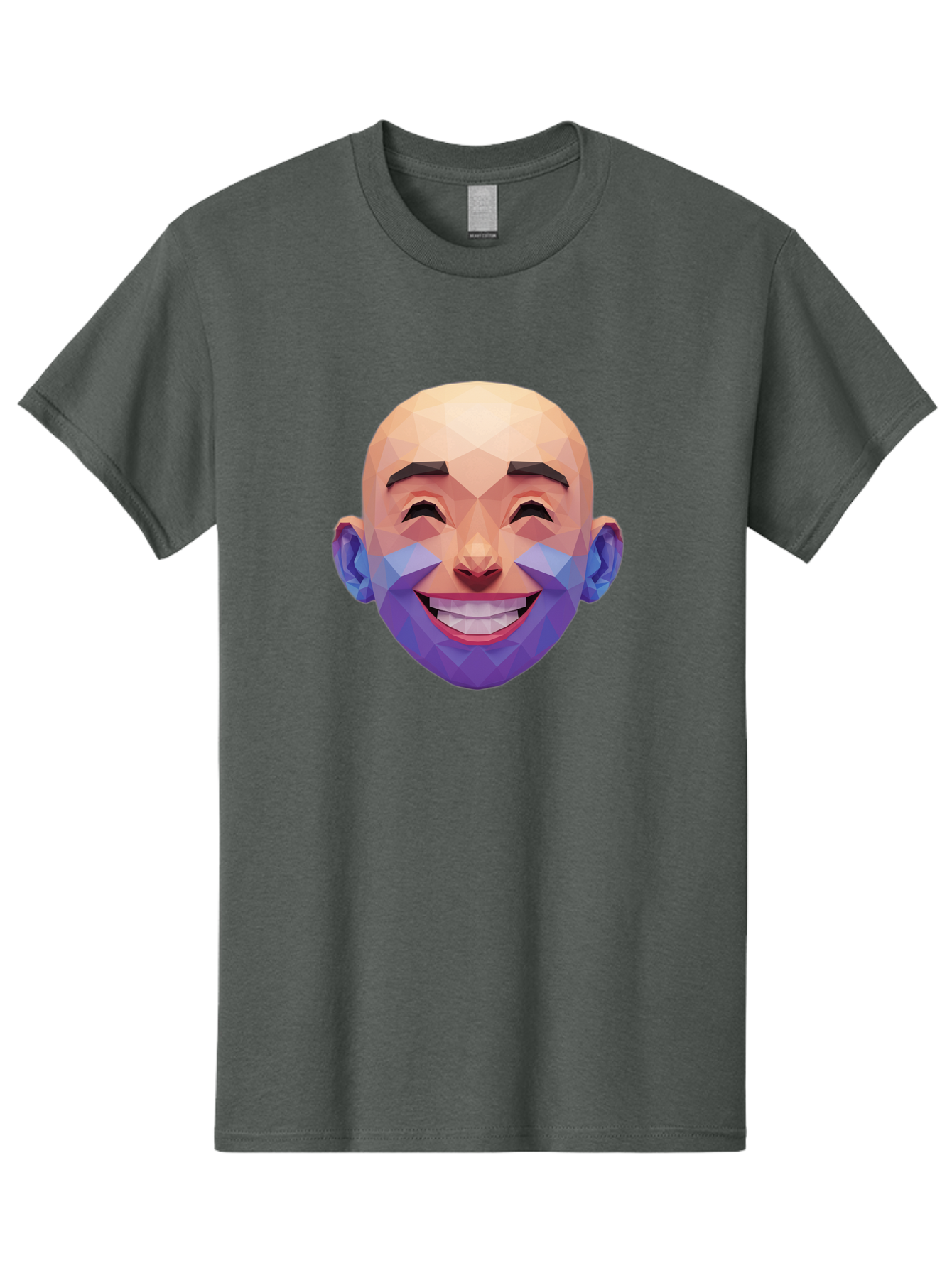 Low-Poly-Face Men'S Graphic Tee, 100% Cotton, Comfortable Casual Summer Wear, Machine Washable, Low Poly Art, 3D Model, Smiling Face, Bald Man, Purple Beard, Happy Expression, Geometric Shapes, Cartoon Style, Digital Art, Modern Design Bae487