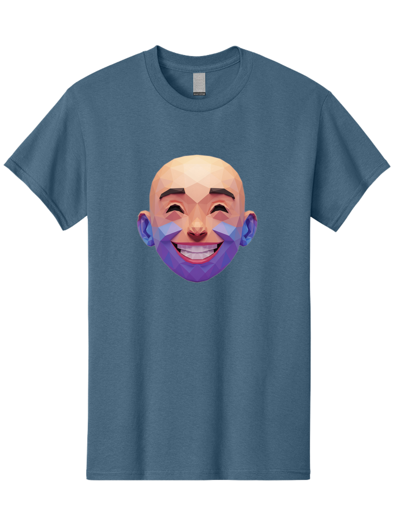 Low-Poly-Face Men'S Graphic Tee, 100% Cotton, Comfortable Casual Summer Wear, Machine Washable, Low Poly Art, 3D Model, Smiling Face, Bald Man, Purple Beard, Happy Expression, Geometric Shapes, Cartoon Style, Digital Art, Modern Design Bae487
