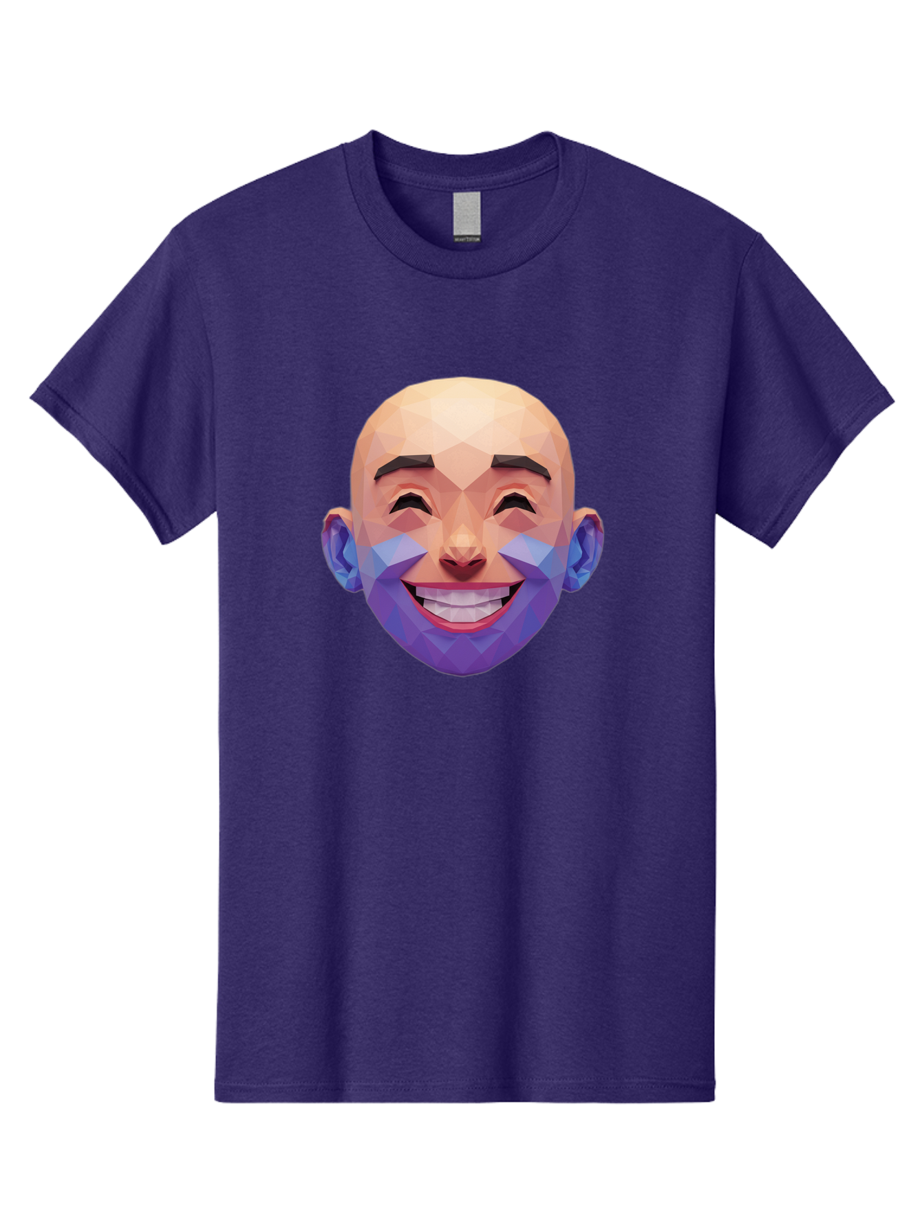 Low-Poly-Face Men'S Graphic Tee, 100% Cotton, Comfortable Casual Summer Wear, Machine Washable, Low Poly Art, 3D Model, Smiling Face, Bald Man, Purple Beard, Happy Expression, Geometric Shapes, Cartoon Style, Digital Art, Modern Design Bae487