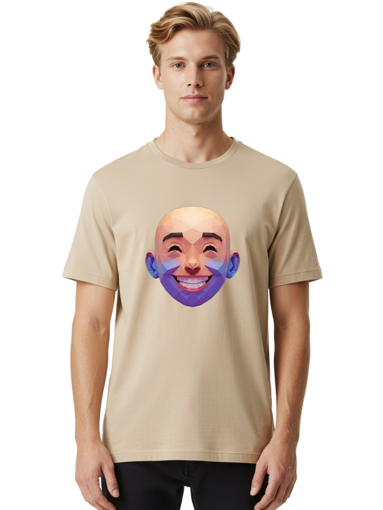 Low-Poly-Face Men'S Graphic Tee, 100% Cotton, Comfortable Casual Summer Wear, Machine Washable, Low Poly Art, 3D Model, Smiling Face, Bald Man, Purple Beard, Happy Expression, Geometric Shapes, Cartoon Style, Digital Art, Modern Design Bae487