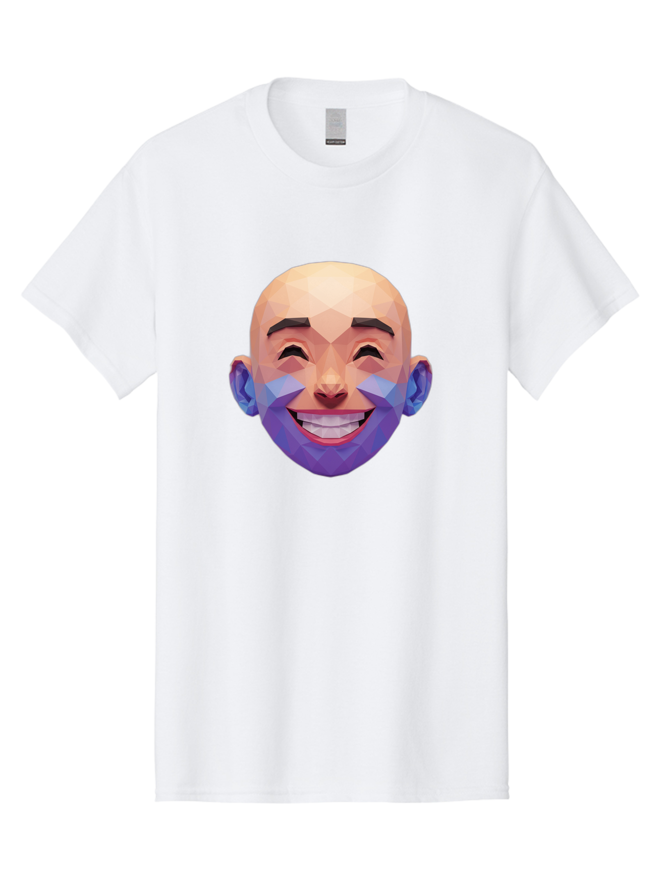 Low-Poly-Face Men'S Graphic Tee, 100% Cotton, Comfortable Casual Summer Wear, Machine Washable, Low Poly Art, 3D Model, Smiling Face, Bald Man, Purple Beard, Happy Expression, Geometric Shapes, Cartoon Style, Digital Art, Modern Design Bae487