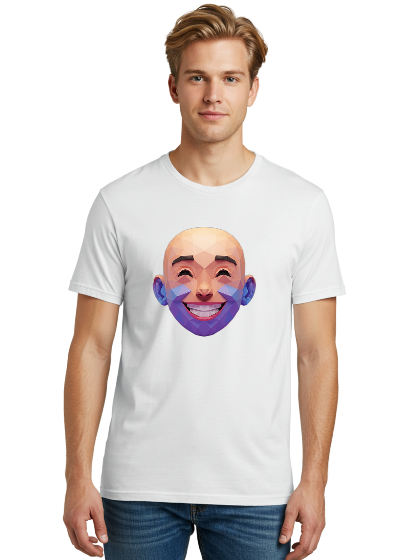 Low-Poly-Face Men'S Graphic Tee, 100% Cotton, Comfortable Casual Summer Wear, Machine Washable, Low Poly Art, 3D Model, Smiling Face, Bald Man, Purple Beard, Happy Expression, Geometric Shapes, Cartoon Style, Digital Art, Modern Design Bae487