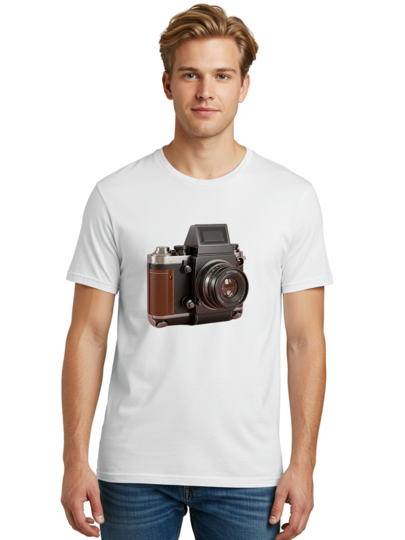 Mamiya-Sekor-50Mm-F-1-7-Lens-On-Camera-Body Men'S Graphic Tee, 100% Cotton, Comfortable Casual Summer Wear, Machine Washable, Hasselblad 500C Camera, Medium Format Camera, Hasselblad Lens, Photography Equipment, Vintage Camera, Classic Design, Bae489