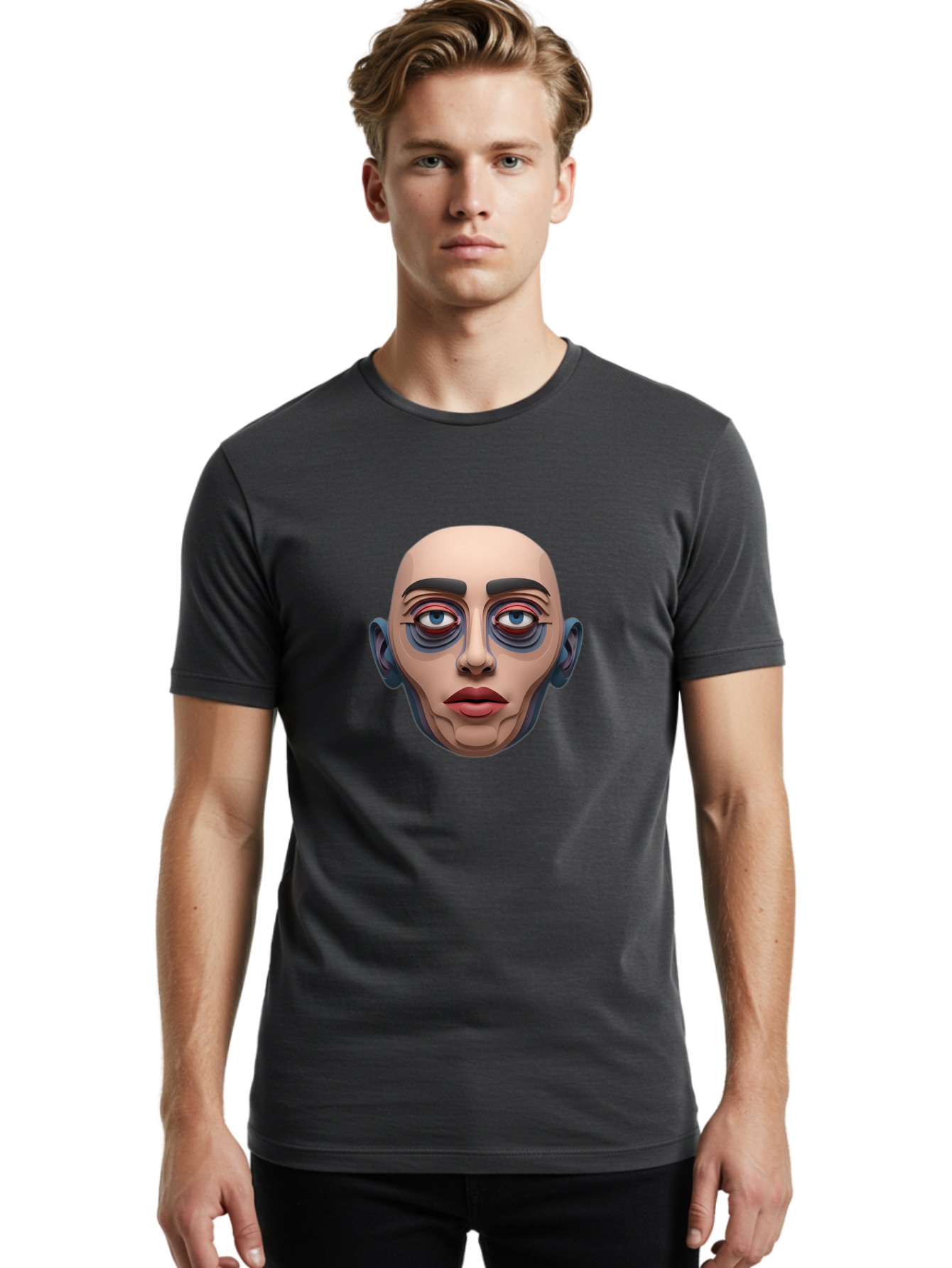 Melting-Face Men'S Graphic Tee, 100% Cotton, Comfortable Casual Summer Wear, Machine Washable, Expressive Face, Surprised Look, Wide-Eyed Expression, Bold Eyebrows, Digital Art, Futuristic Character, Cartoon Style, Emotive Illustration, Bae493