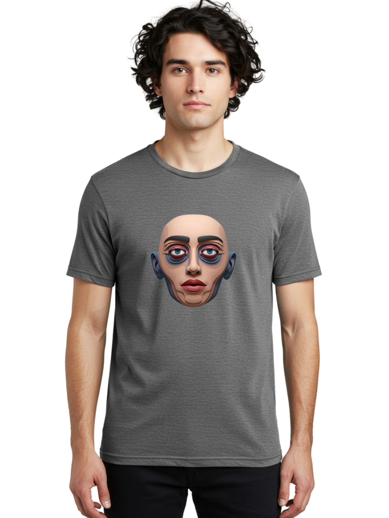 Melting-Face Men'S Graphic Tee, 100% Cotton, Comfortable Casual Summer Wear, Machine Washable, Expressive Face, Surprised Look, Wide-Eyed Expression, Bold Eyebrows, Digital Art, Futuristic Character, Cartoon Style, Emotive Illustration, Bae493