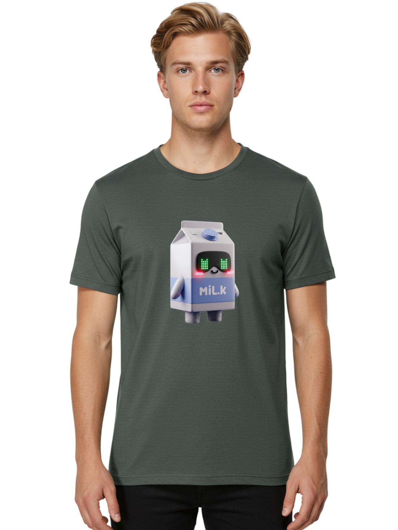 Mil-K-Milk-Carton-Robot Men'S Graphic Tee, 100% Cotton, Comfortable Casual Summer Wear, Machine Washable, Cartoon Milk Carton, Robotic Character, Digital Illustration, Futuristic Design, Glowing Eyes, Led Lights, Cute Mascot, Dairy Product, Bae495