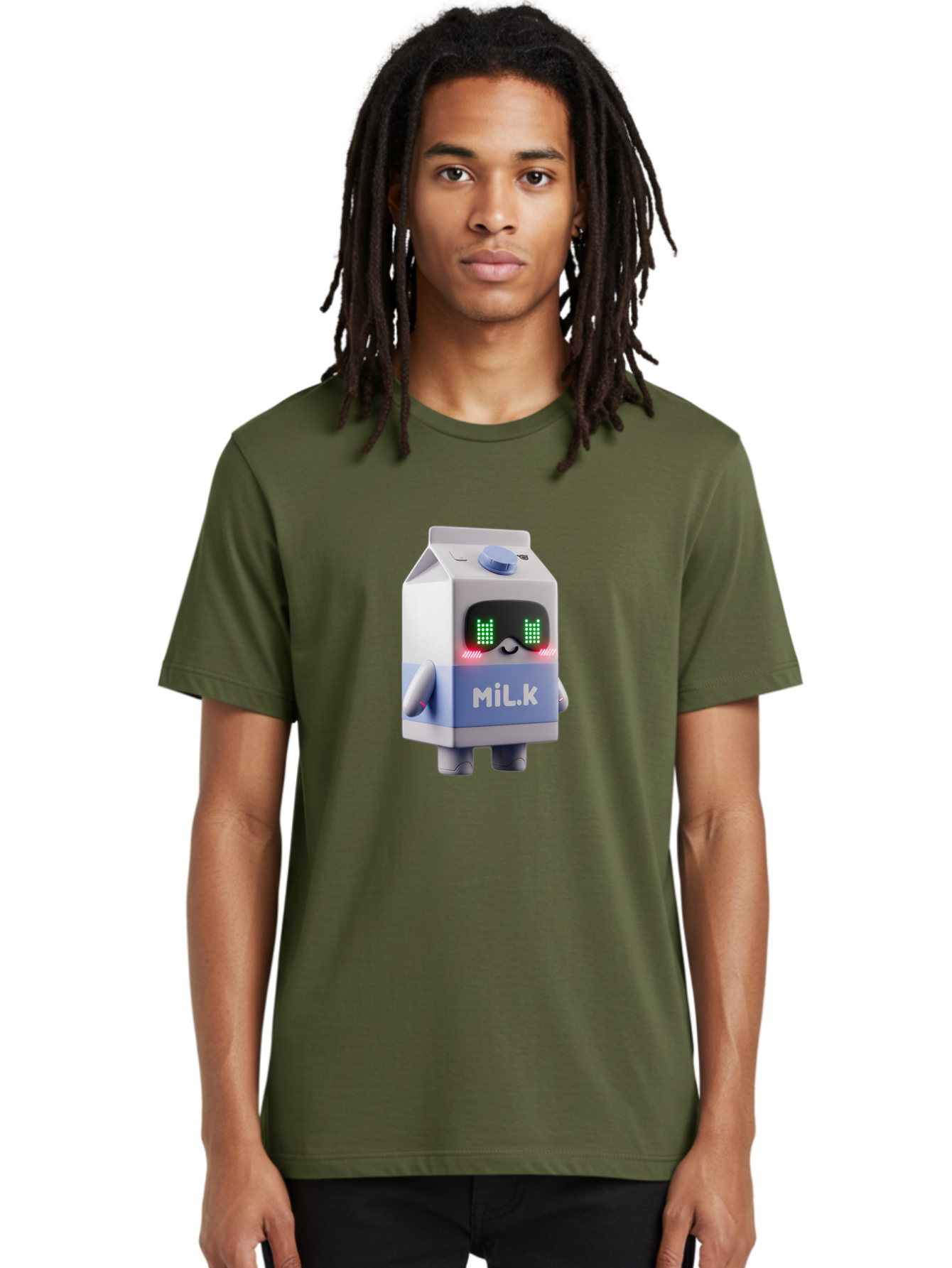 Mil-K-Milk-Carton-Robot Men'S Graphic Tee, 100% Cotton, Comfortable Casual Summer Wear, Machine Washable, Cartoon Milk Carton, Robotic Character, Digital Illustration, Futuristic Design, Glowing Eyes, Led Lights, Cute Mascot, Dairy Product, Bae495